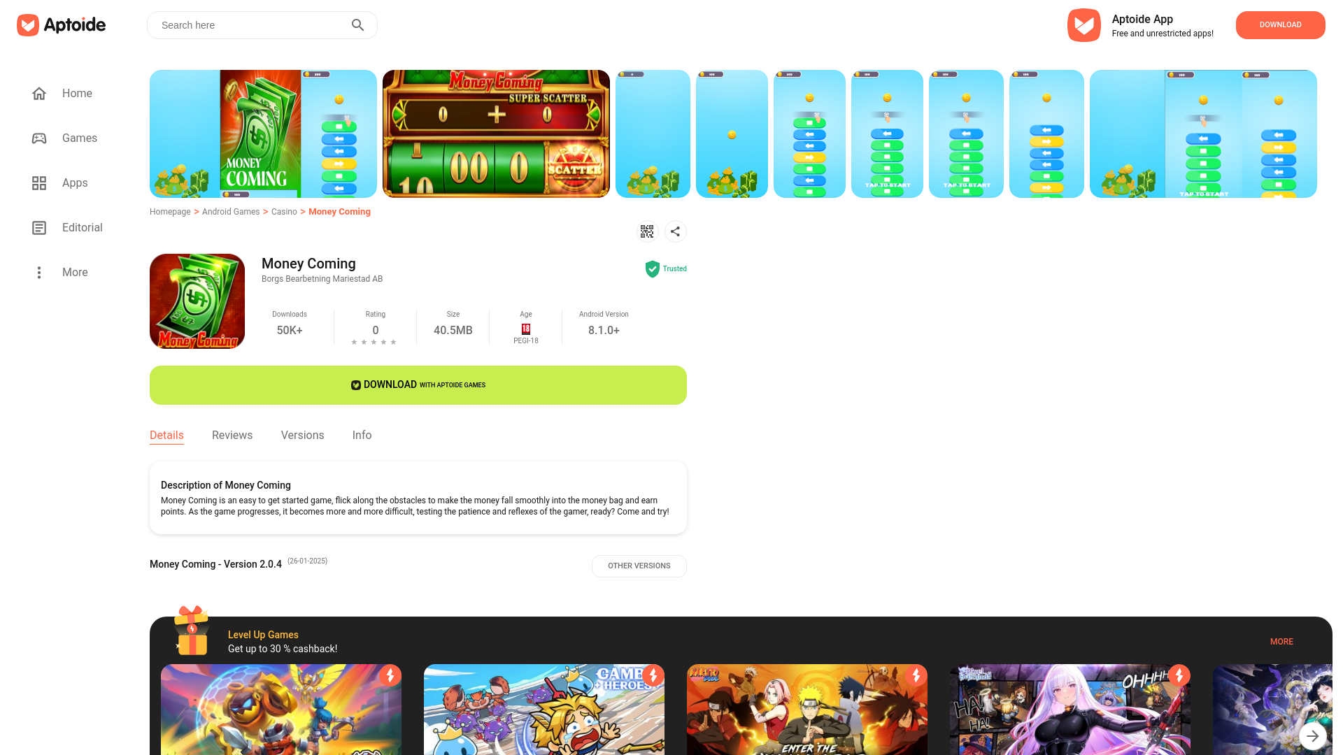 website screenshot of https://money-coming.en.aptoide.com