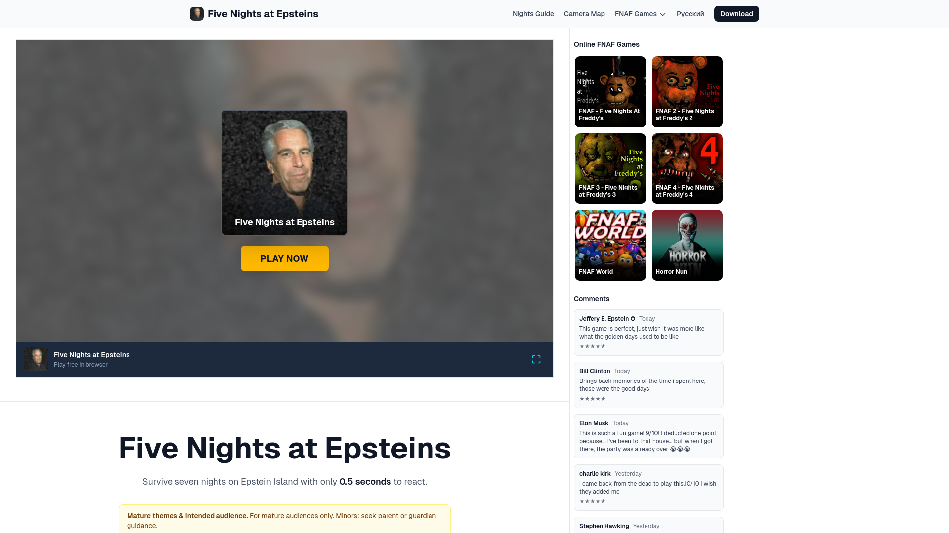 website screenshot of https://www.fivenightsatepsteins.com/