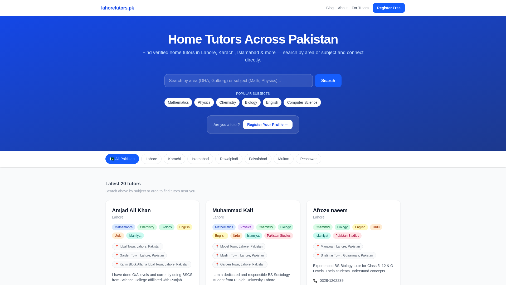 website screenshot of https://lahoretutors.pk