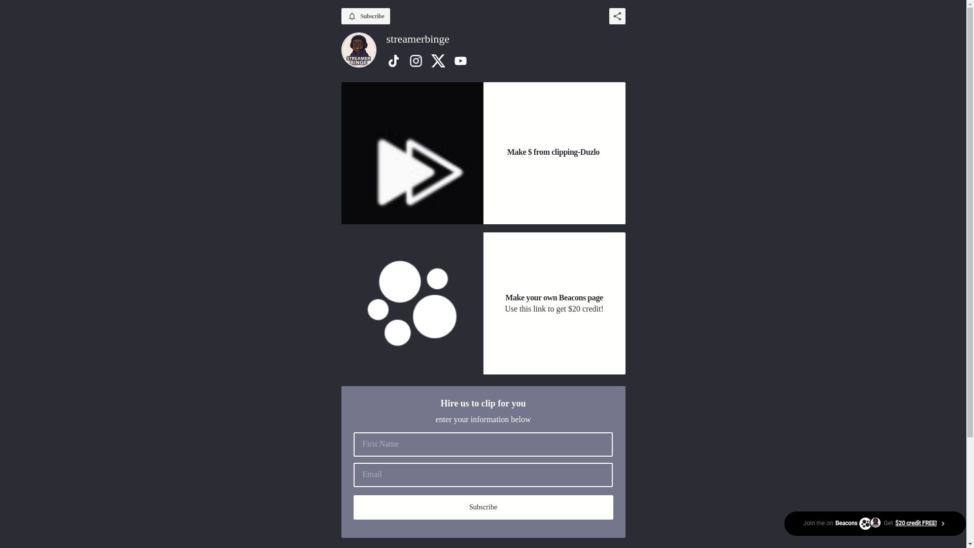 website screenshot of https://streamerbinge.store/