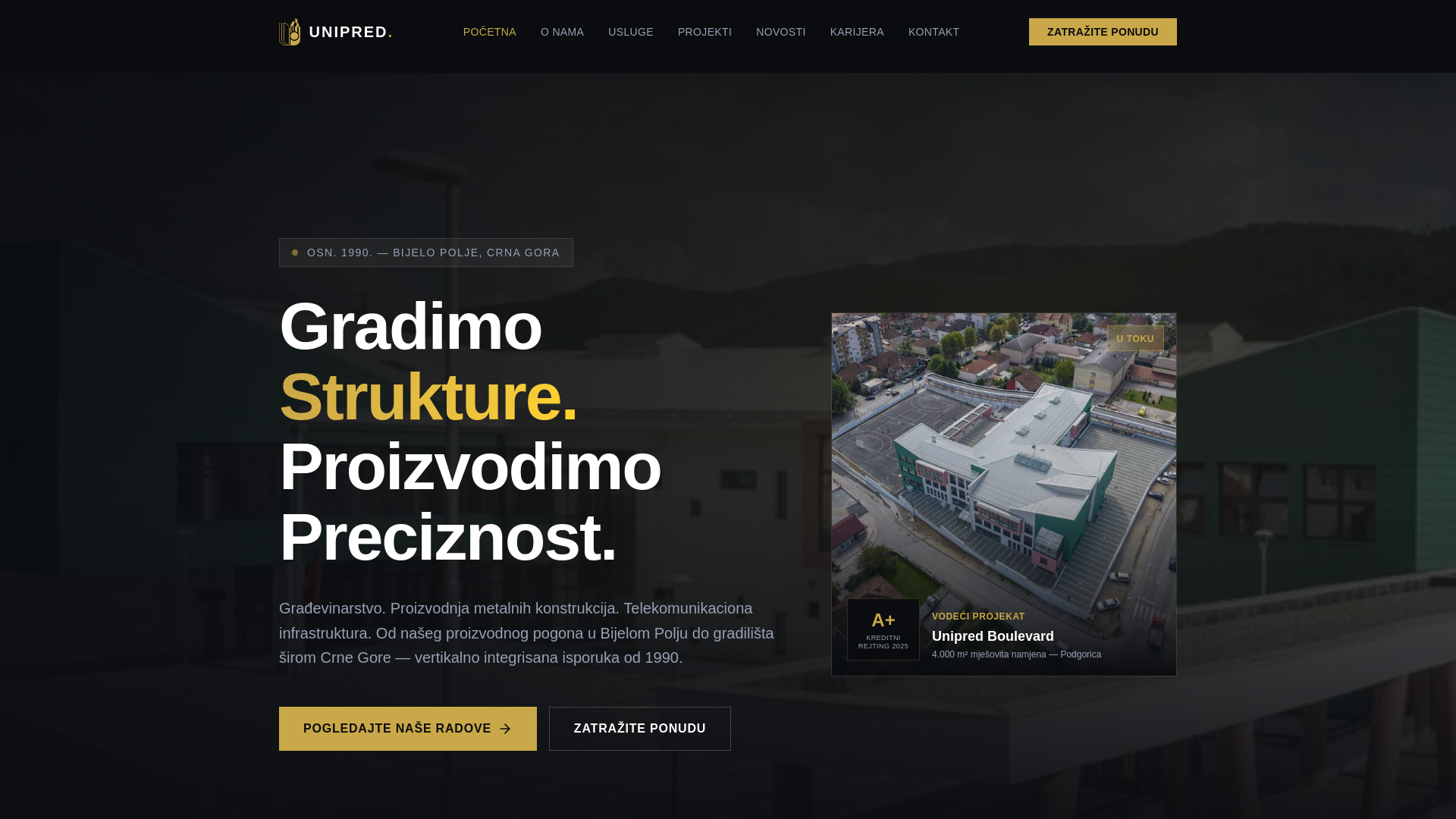 website screenshot of https://unipredgradnja.me/