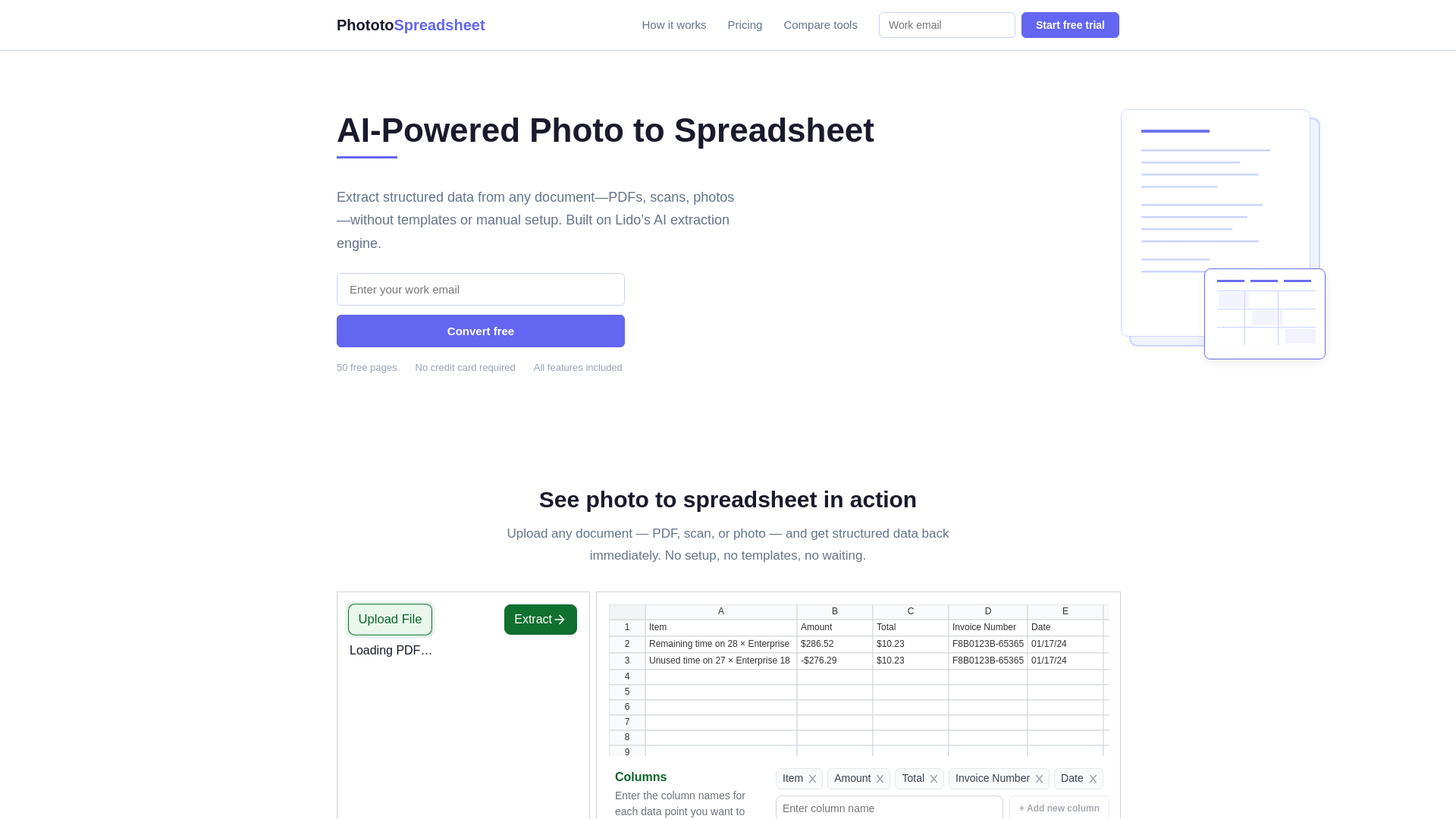 website screenshot of https://phototospreadsheet.com/
