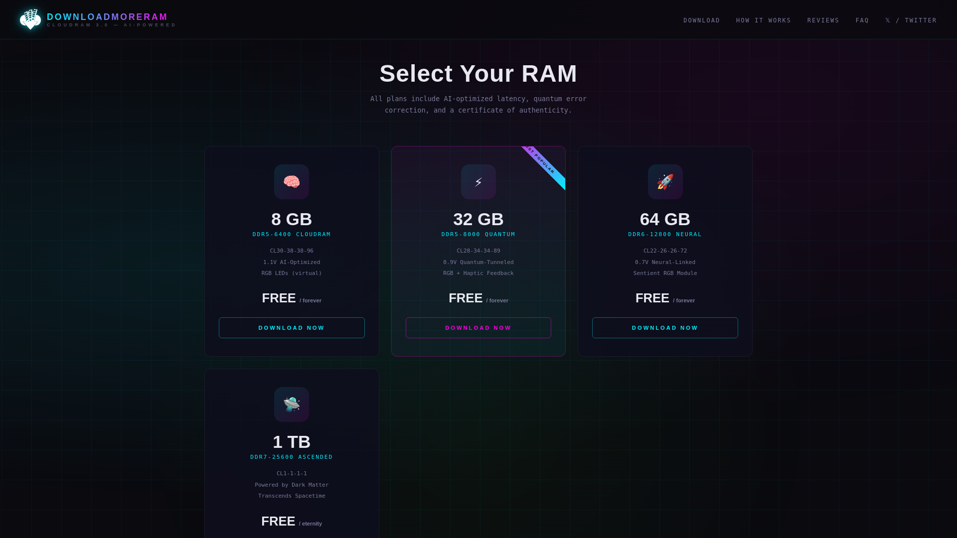 website screenshot of https://downloadmoreram.com/#download
