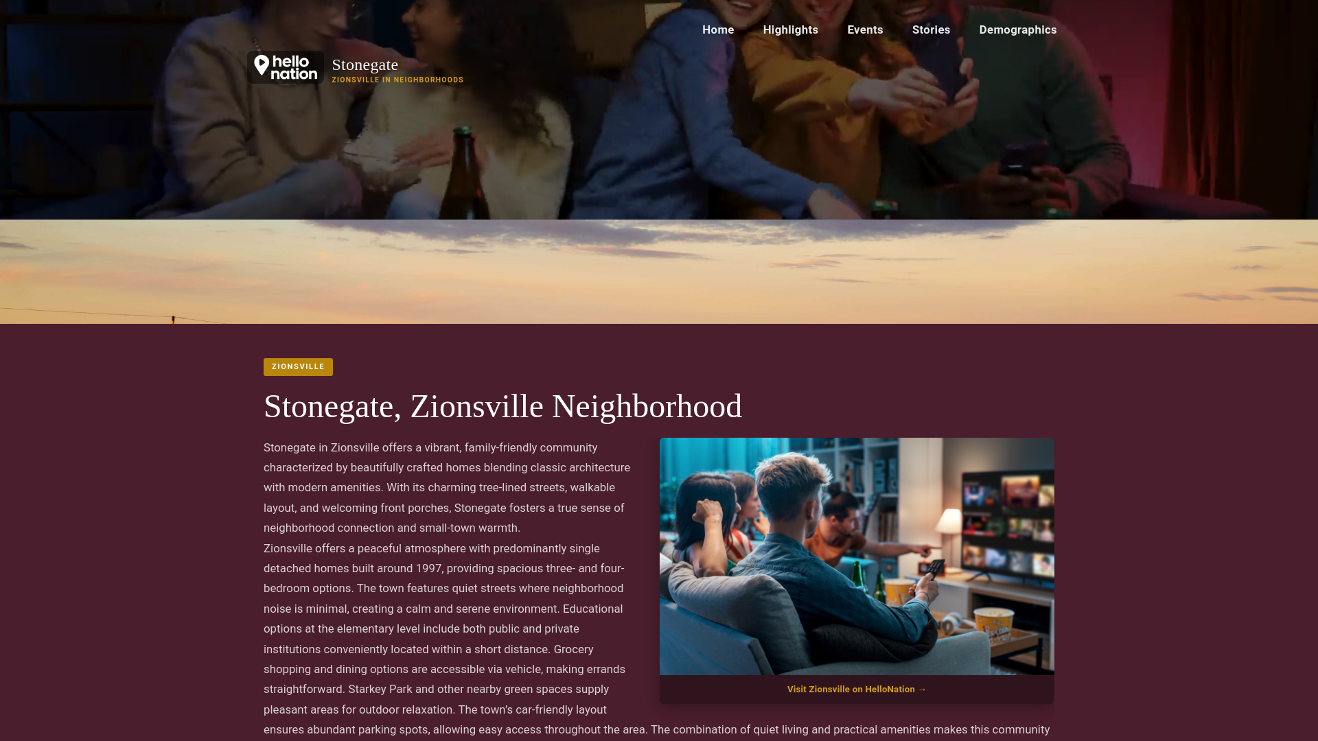 website screenshot of https://stonegatezionsvilleneighborhood.org/