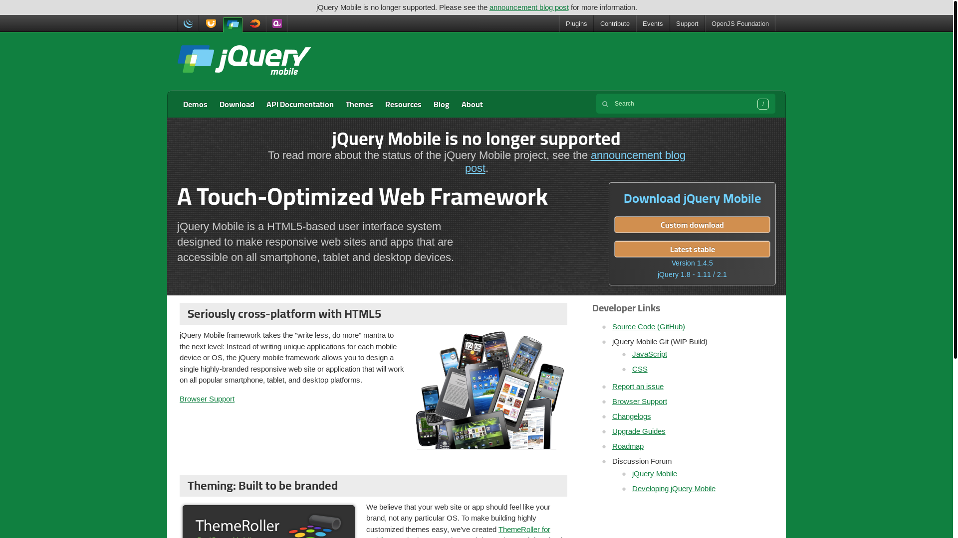 website screenshot of https://jquerymobile.com/