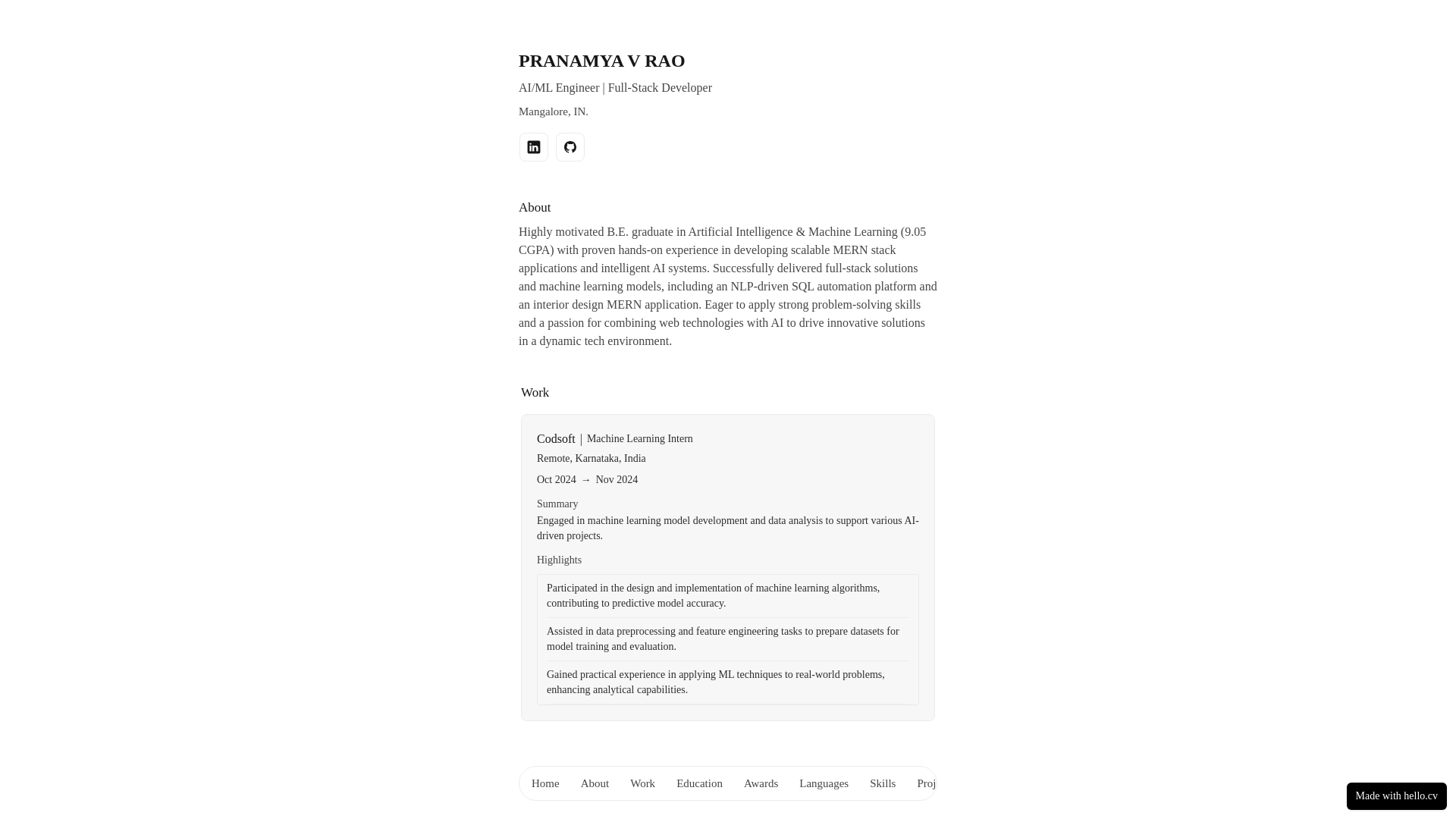 website screenshot of https://pranamyarao.cv/