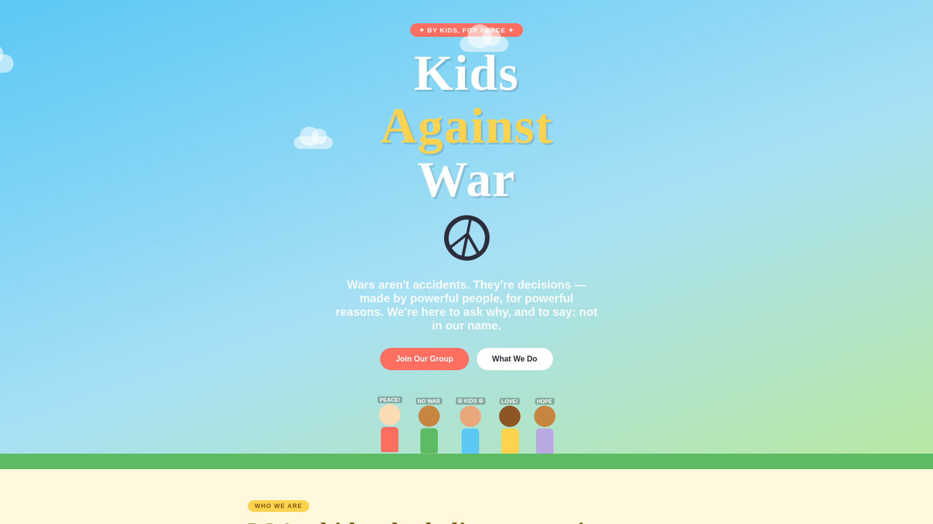 website screenshot of https://kidsagainstwarkw.org