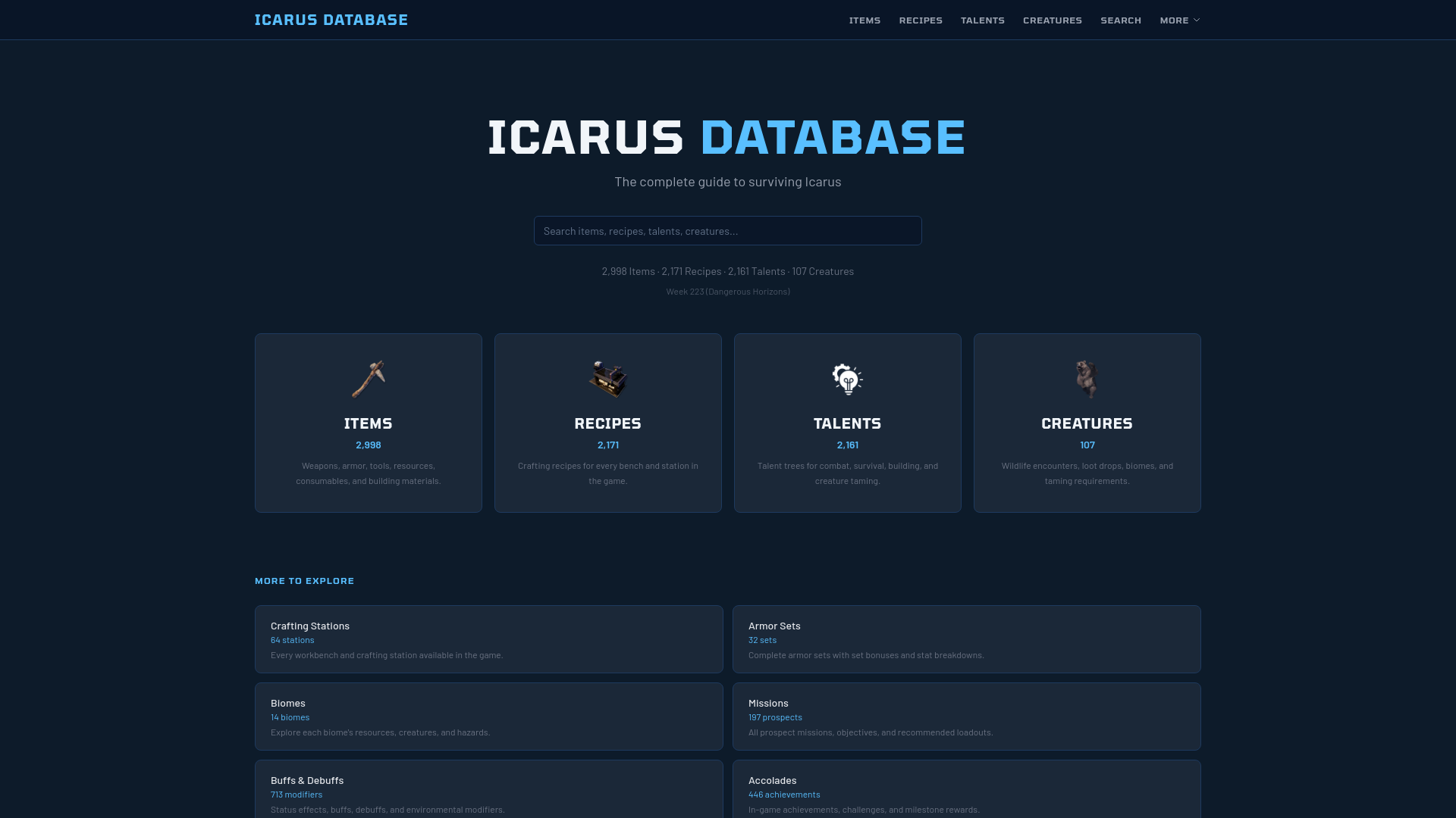 website screenshot of https://icarusdatabase.com/