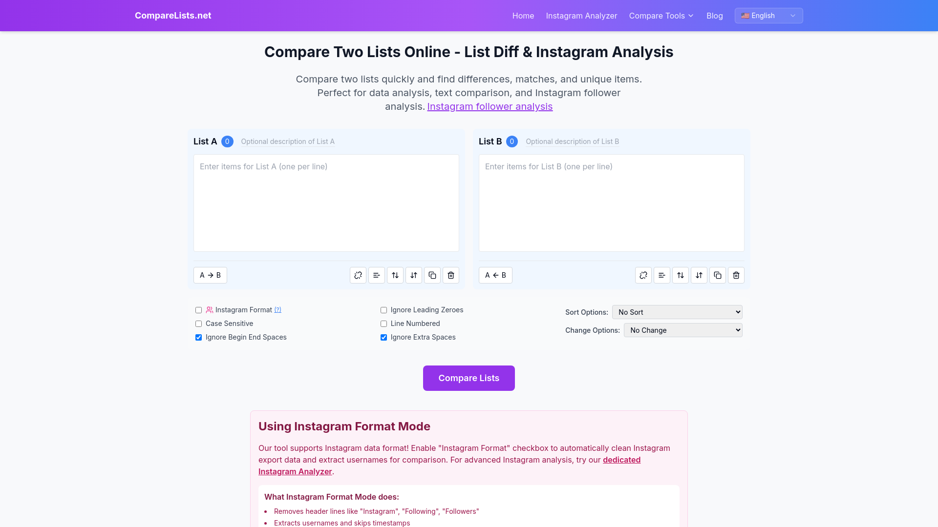 website screenshot of https://comparelists.net/