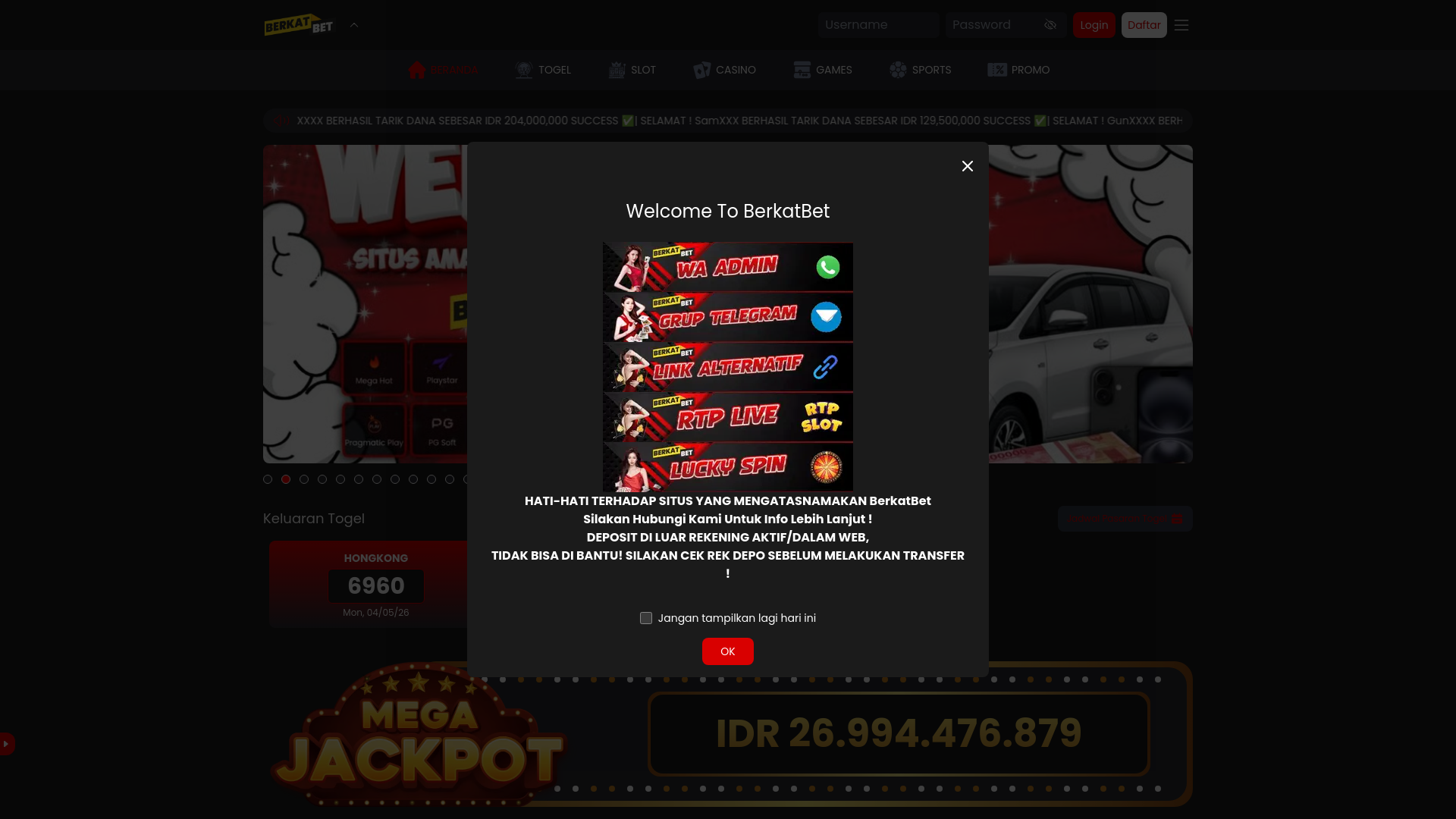 website screenshot of https://jaga.link/BerkatbetVVIP
