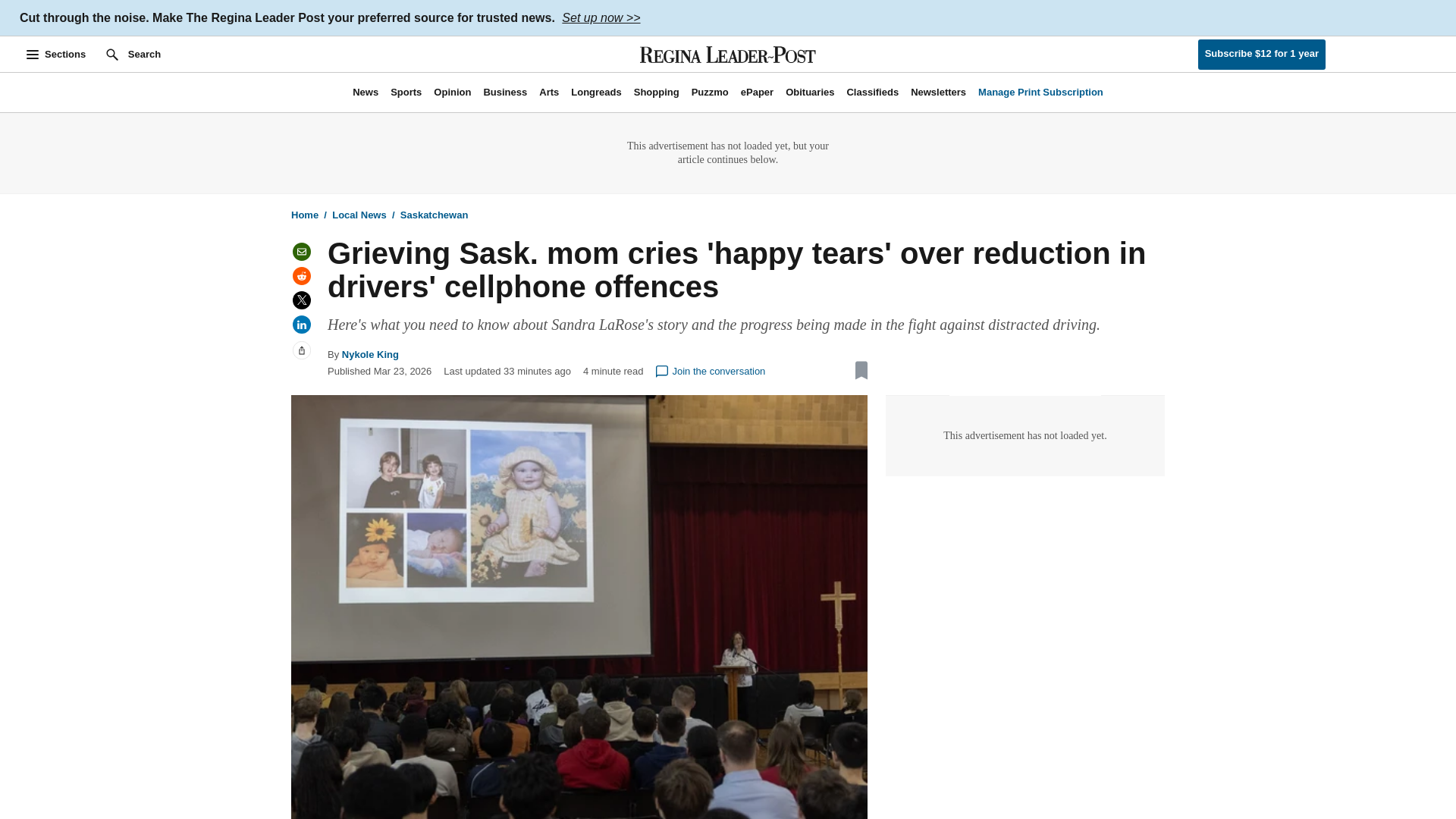 website screenshot of https://leaderpost.com/news/saskatchewan/grieving-mom-cries-happy-tears-over-decline-in-sask-cellphone-driving-offences