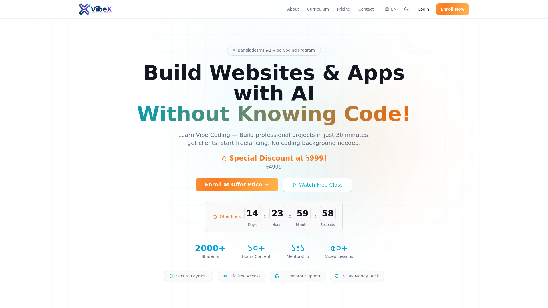 website screenshot of https://vibexacademy.xyz/