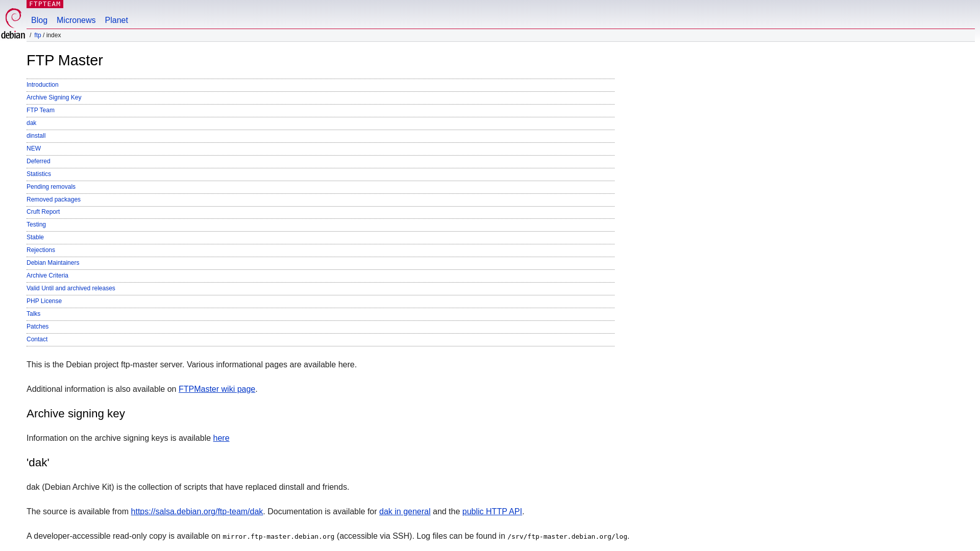 website screenshot of http://ftp-master.debian.org/