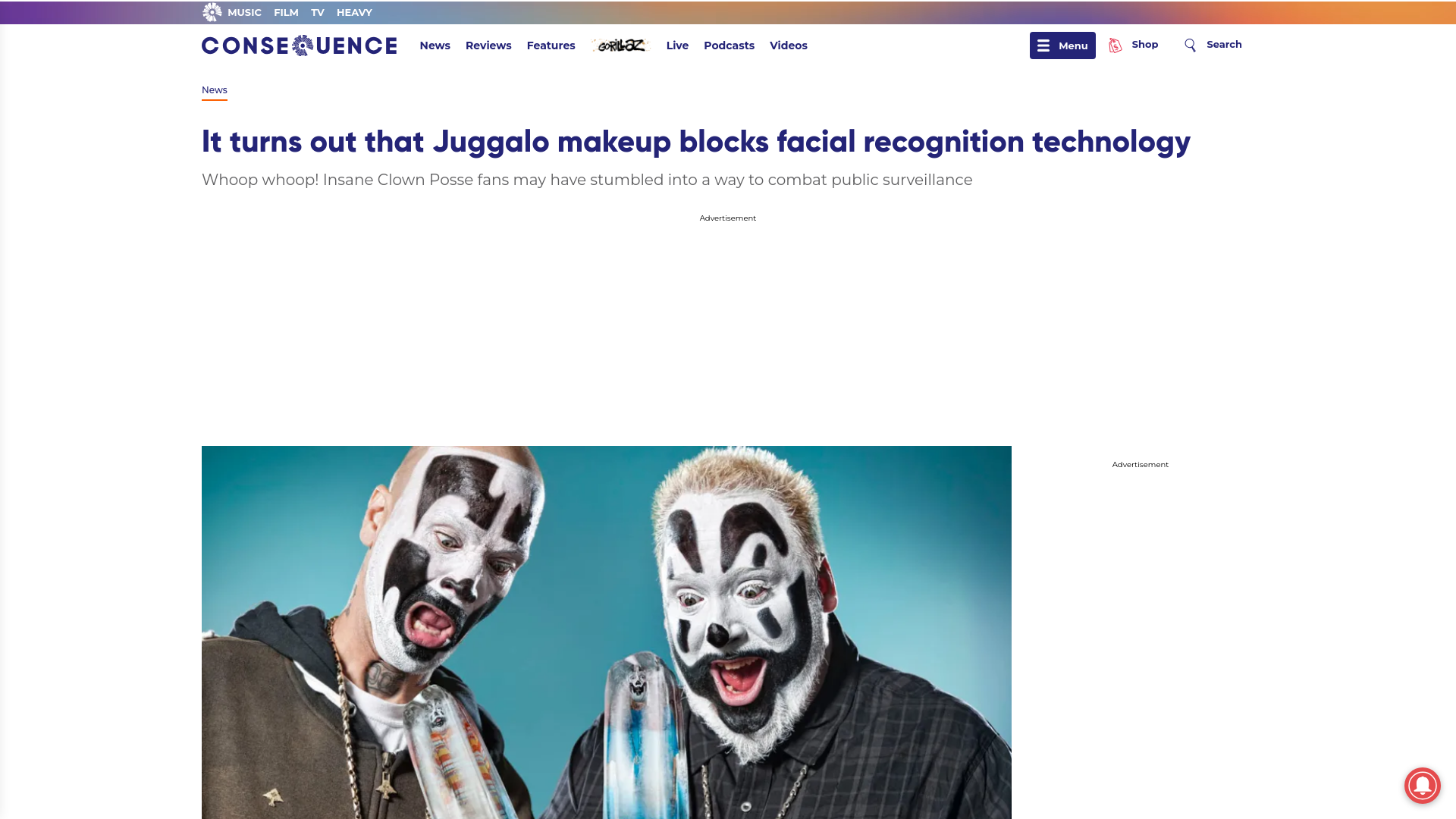 website screenshot of https://consequence.net/2019/07/juggalo-makeup-facial-recognition/#