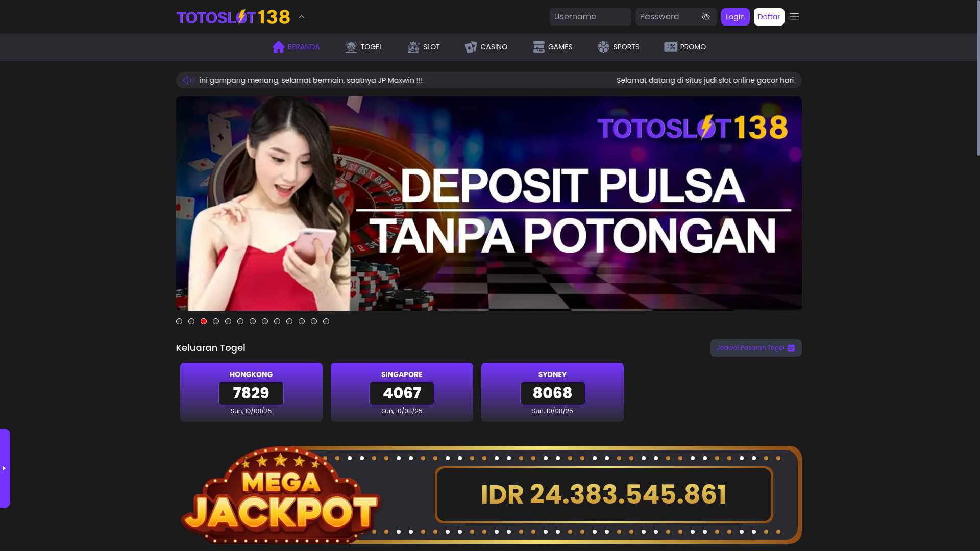 website screenshot of https://totoslot138merdeka.asia/