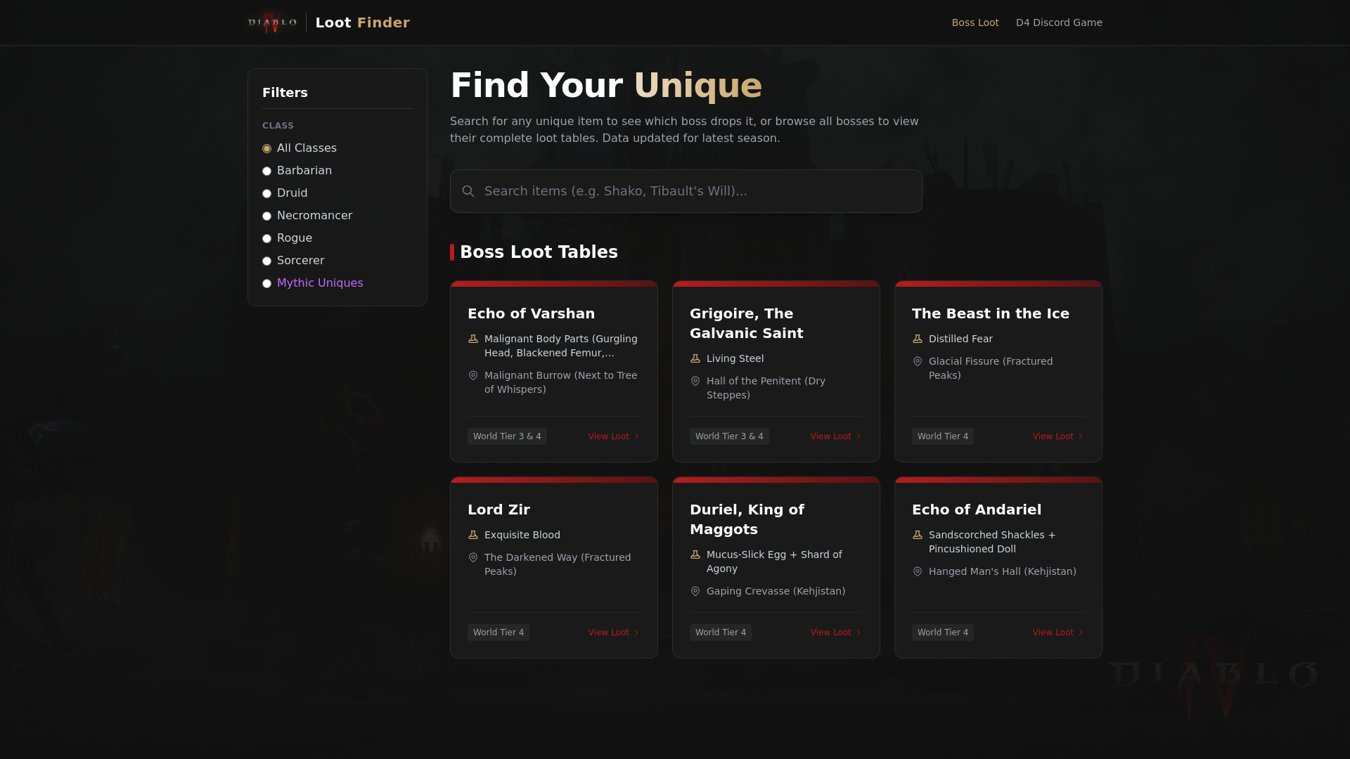 website screenshot of https://d4-lootfinder.pages.dev/