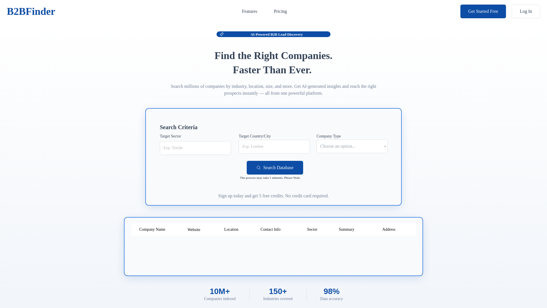 website screenshot of https://tryb2bfinder.com/