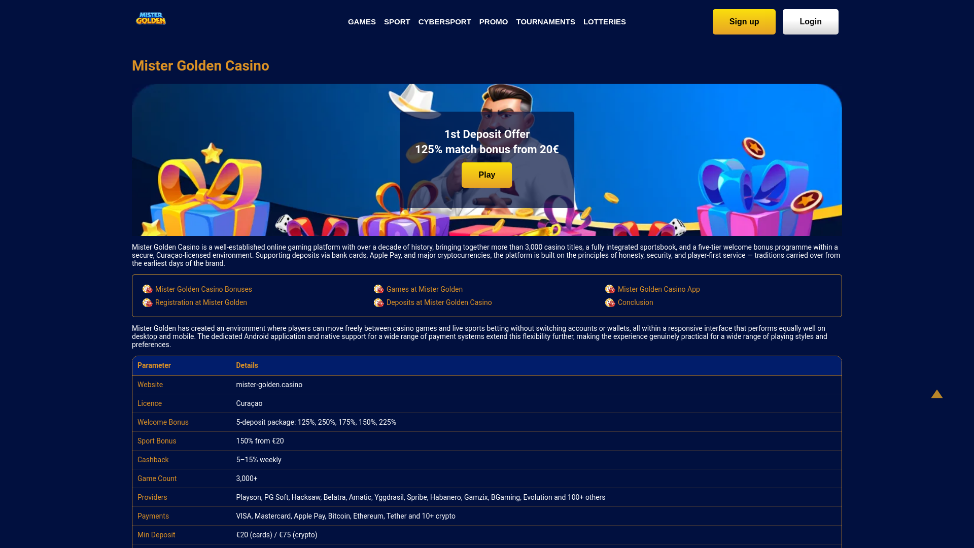 website screenshot of https://mister-golden.casino
