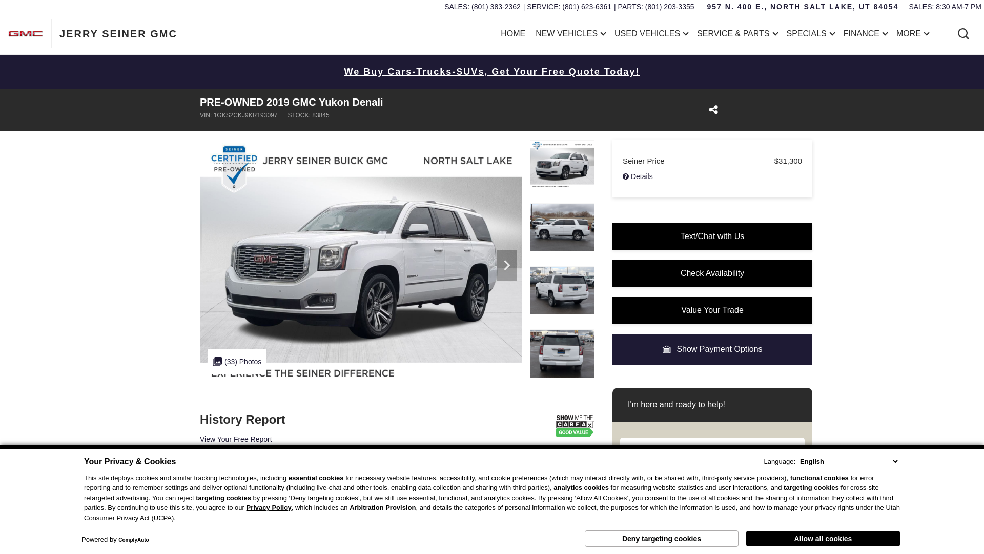 website screenshot of https://www.seinernsl.com/inventory/1GKS2CKJ9KR193097?condition=Used