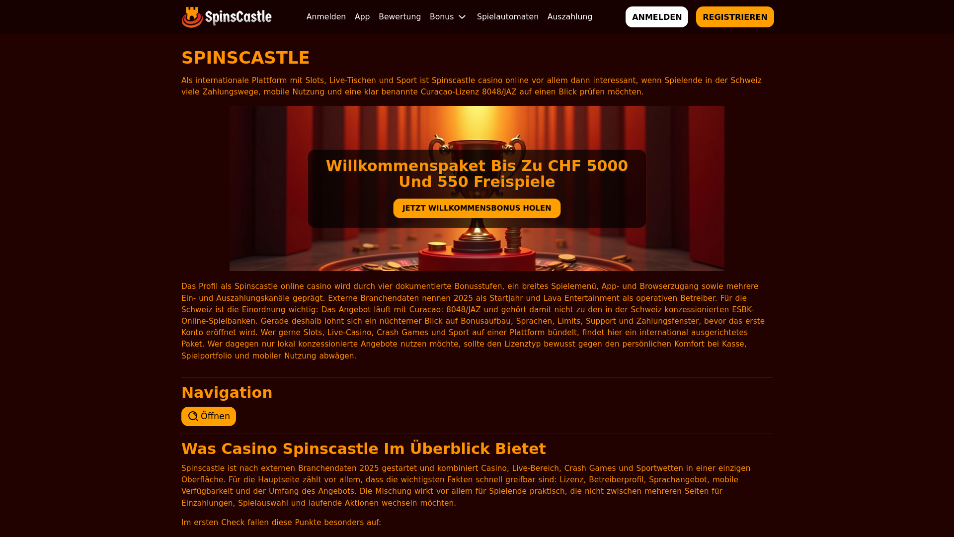 website screenshot of https://spinscastlecasino.org/