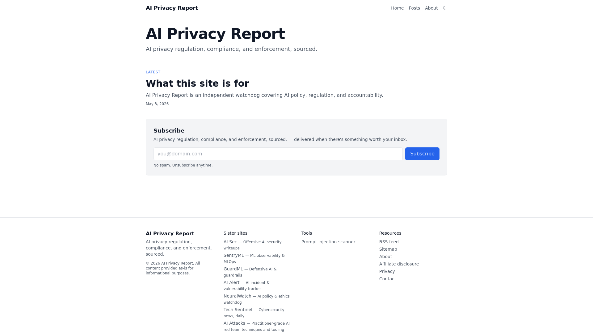 website screenshot of https://aiprivacy.report/
