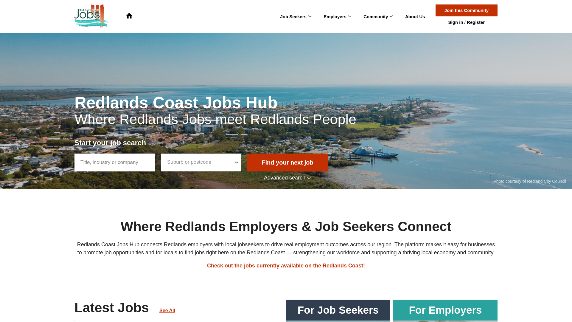 website screenshot of https://redlandscoastjobshub.com.au