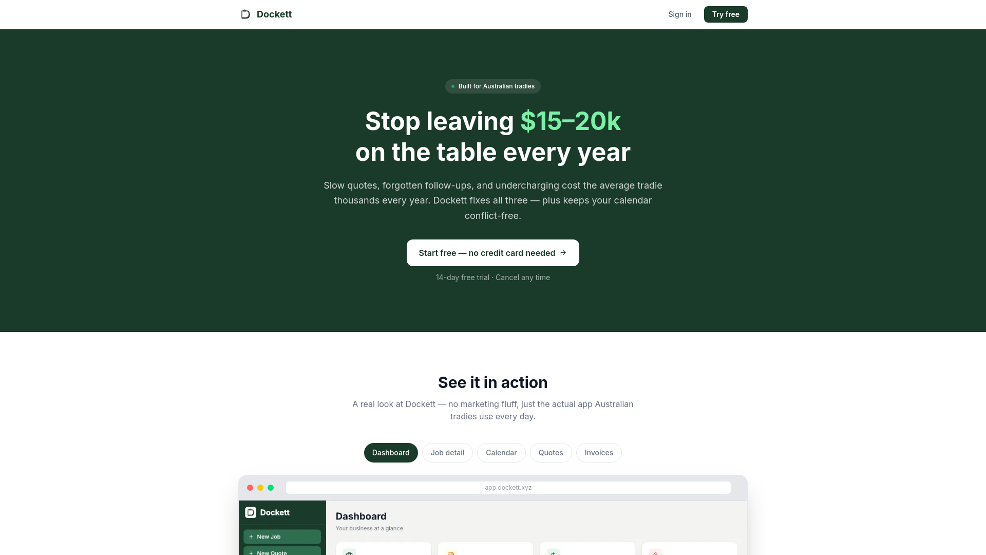website screenshot of https://dockett.xyz/