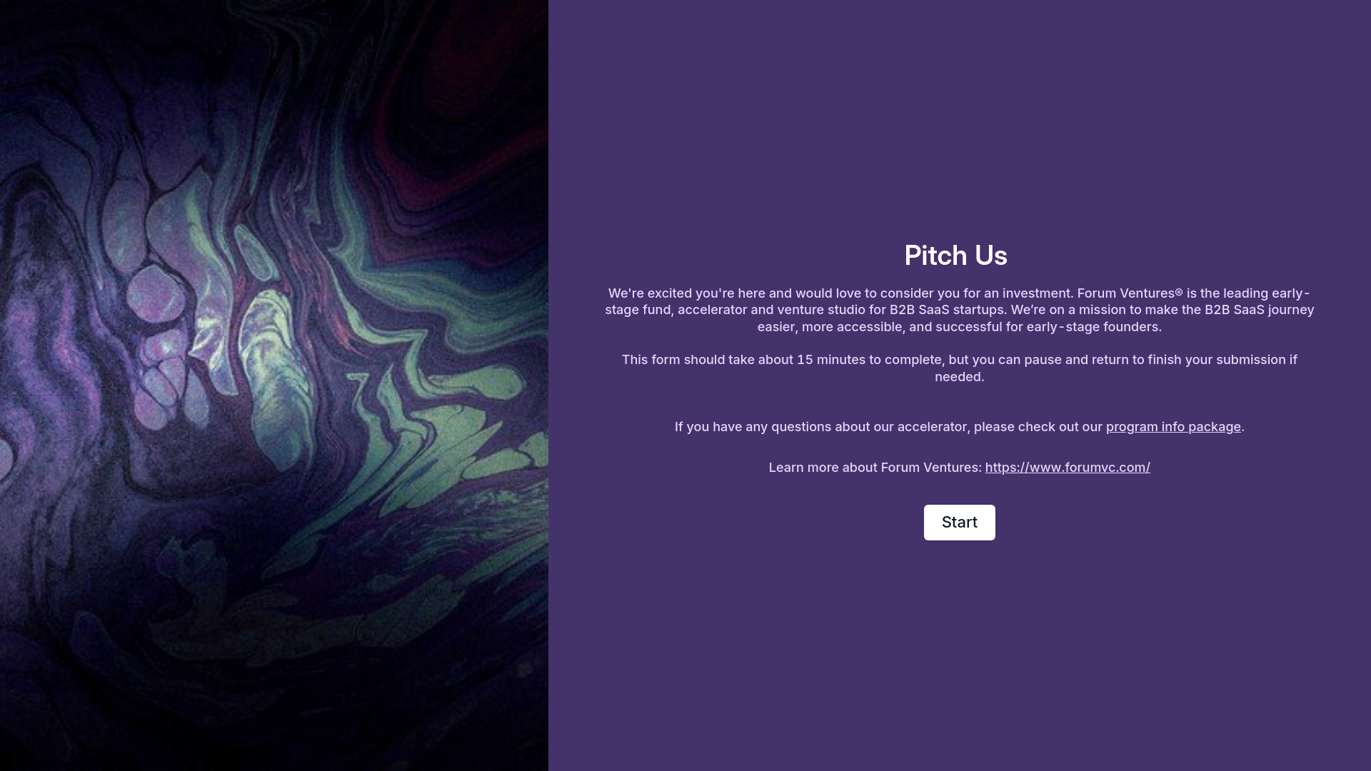 website screenshot of https://www.forumvc.com/pitch-us