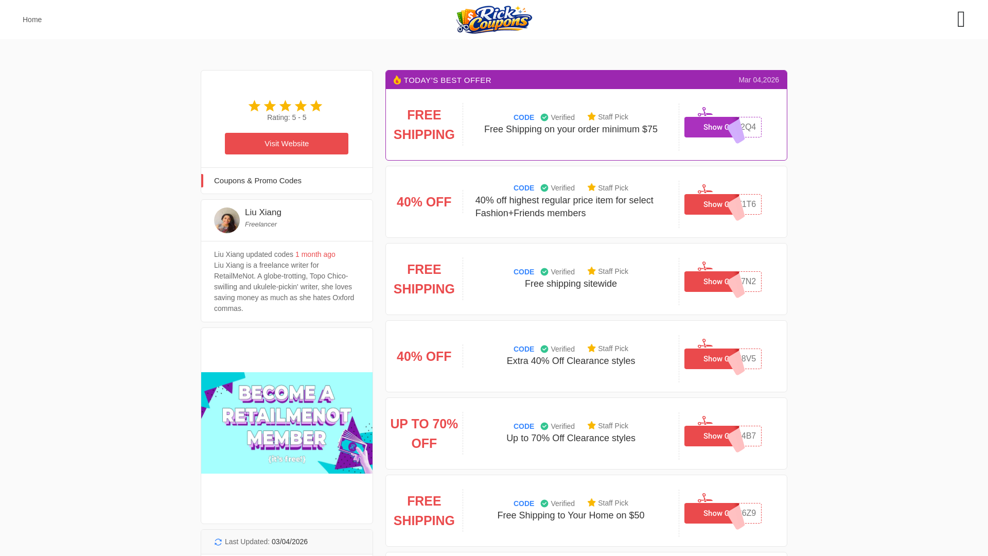 website screenshot of https://rickcoupons.com/