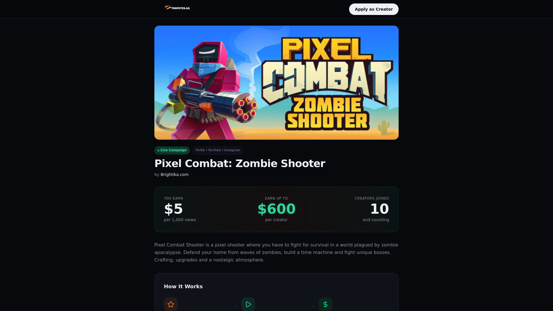 website screenshot of https://www.trapster.gg/c/c_ae27ba189fd1?utm_source=brightika&utm_medium=pixelcombat