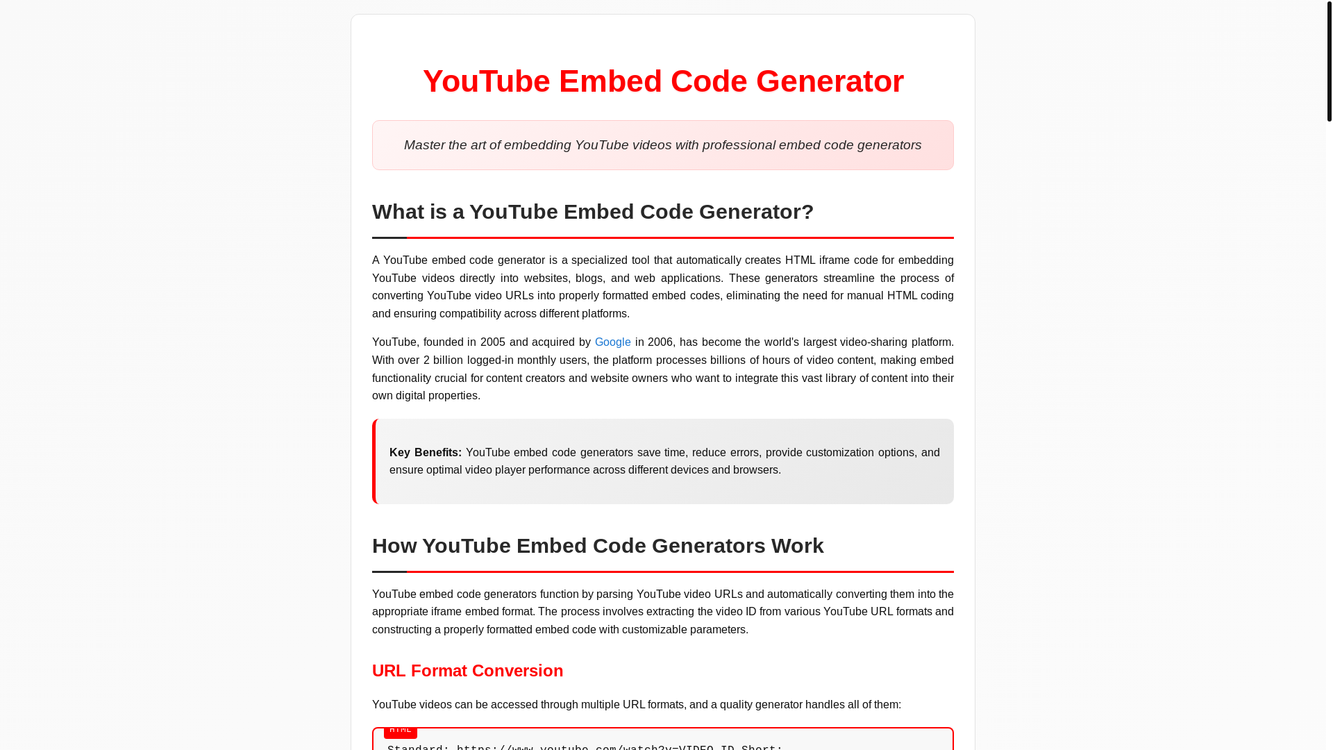 website screenshot of https://youtube-embed-code-generator.pages.dev/