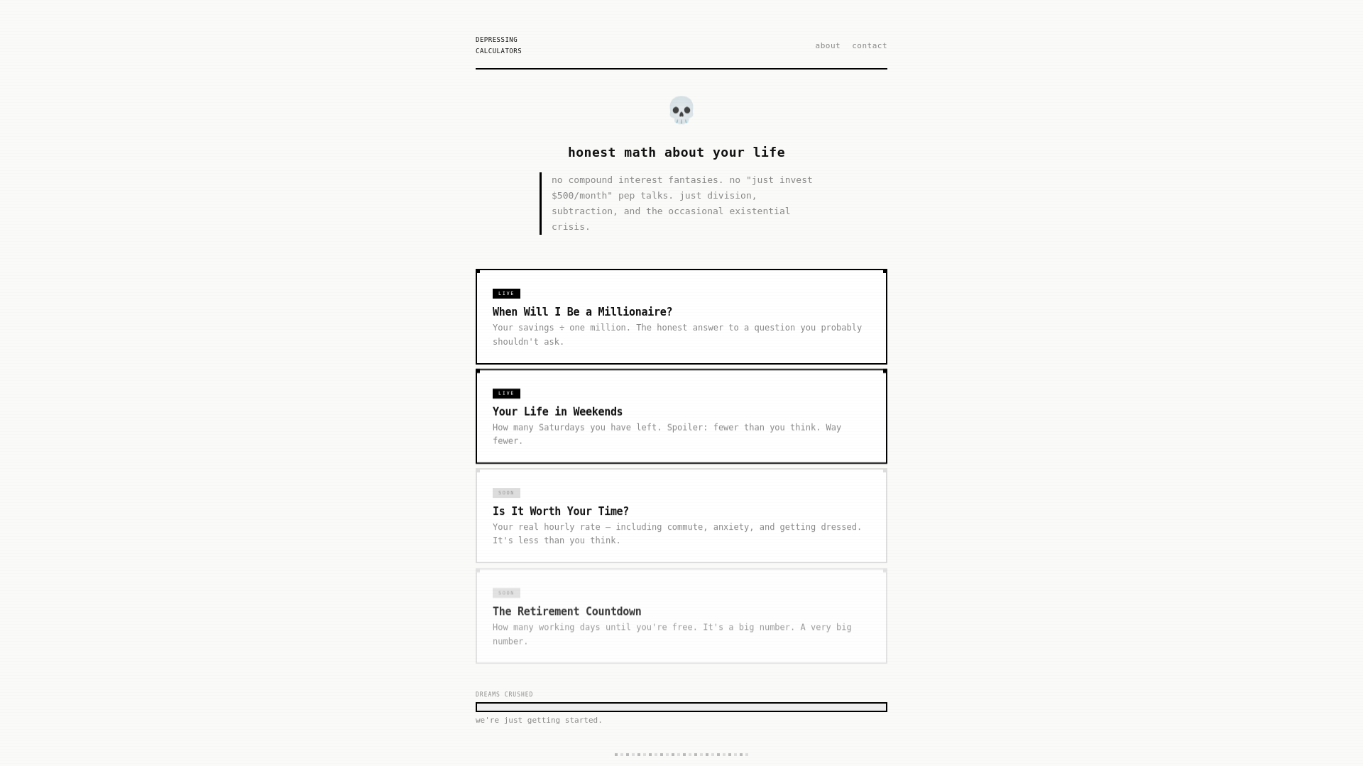 website screenshot of https://depressingcalculators.pages.dev/