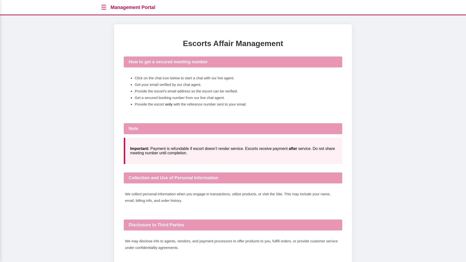 website screenshot of https://esscortmanagementportal.com/