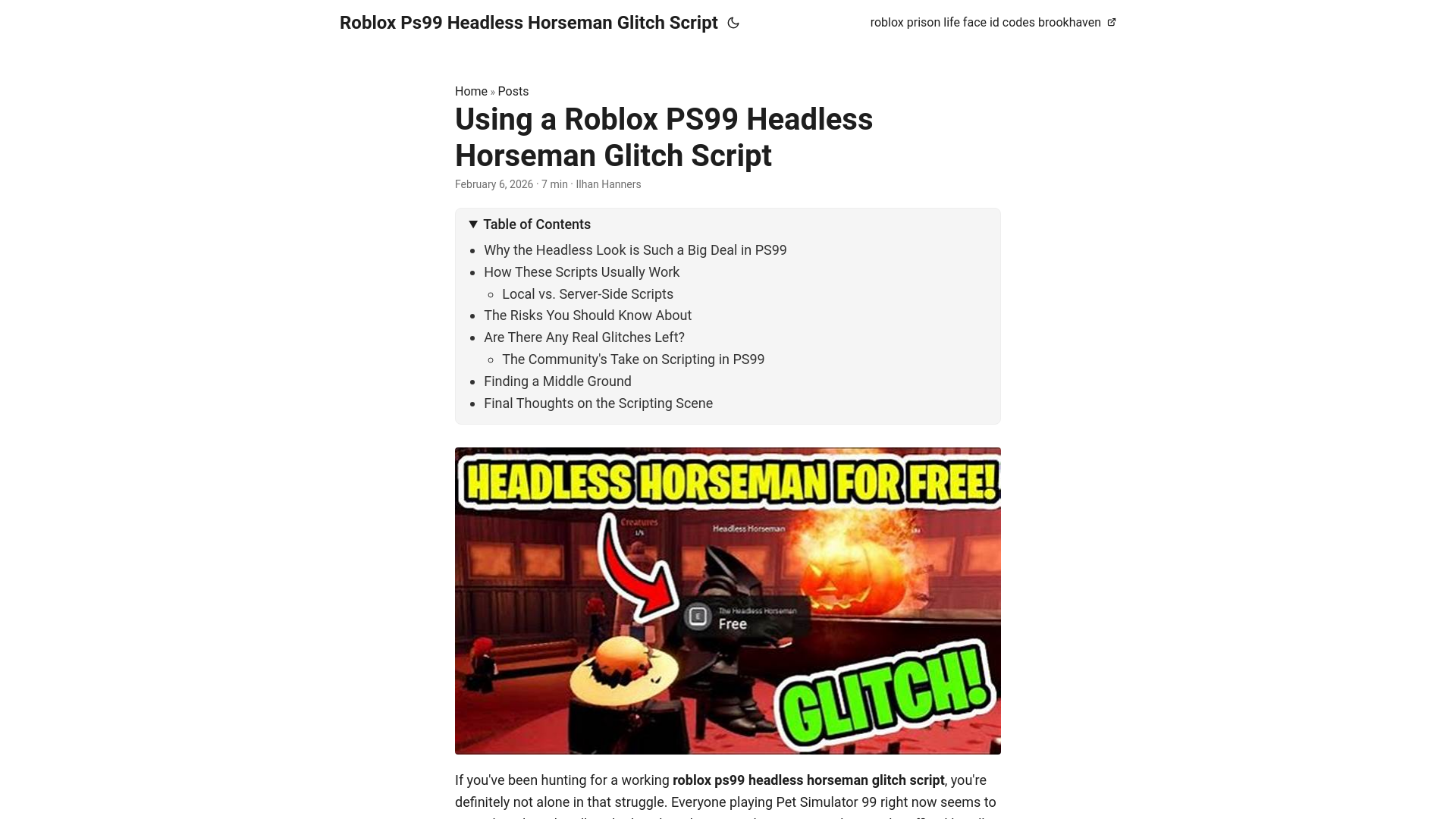 website screenshot of https://roblox-ps99-headless-horseman-glitch-script.pages.dev/