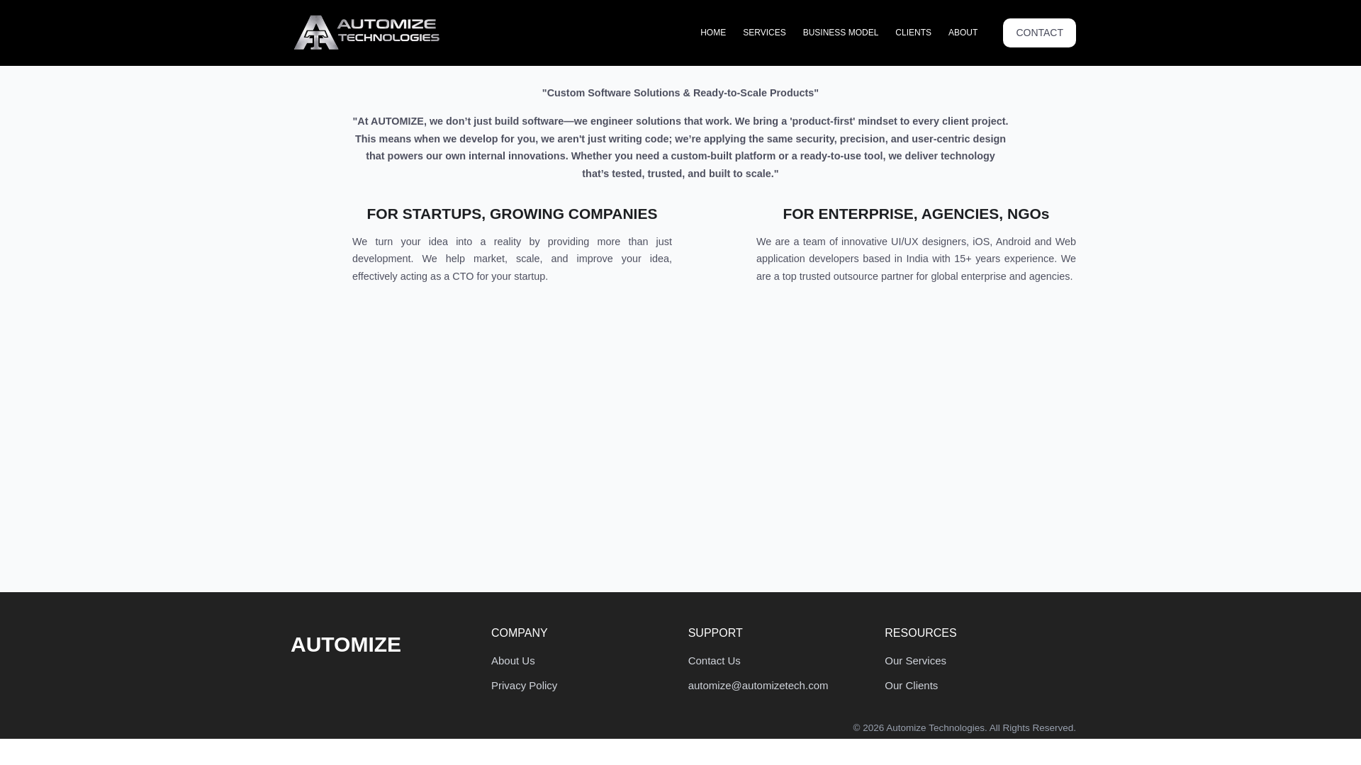 website screenshot of https://automizetech.co.in