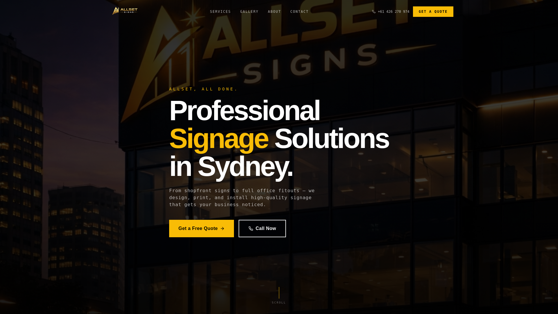 website screenshot of https://allsetsign.com.au