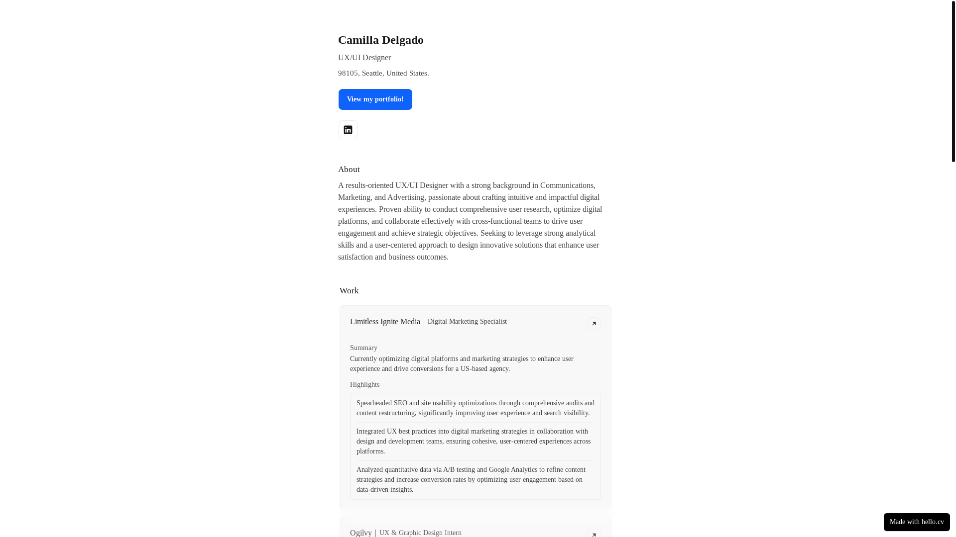 website screenshot of https://camilladelgado.cv/