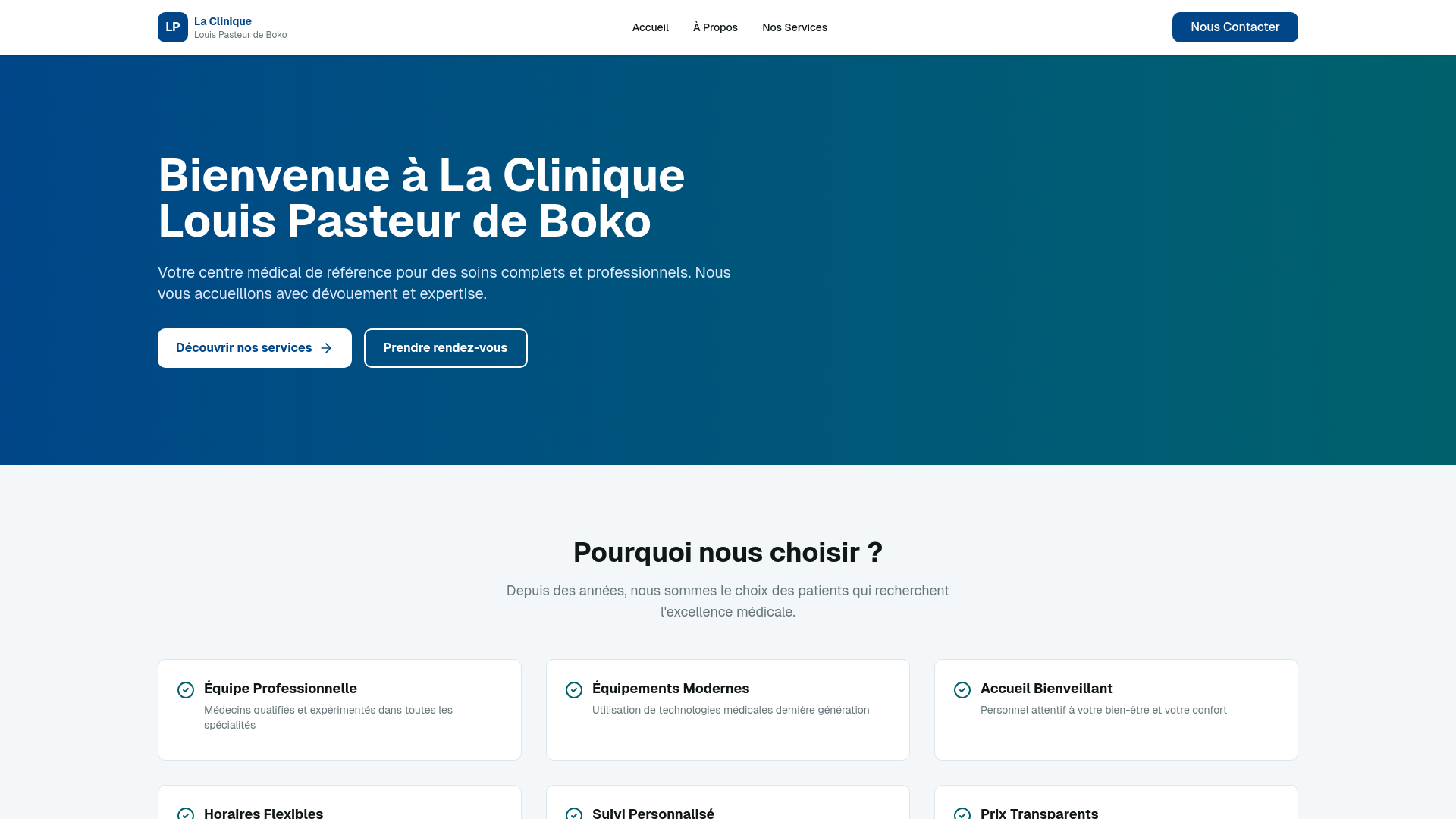 website screenshot of https://clinique-louis-pasteur-de-boko.com/