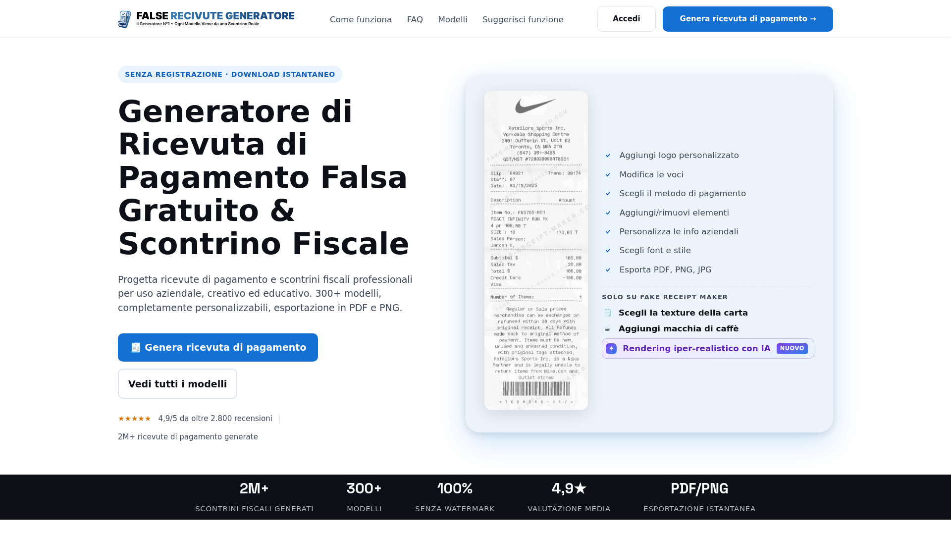 website screenshot of https://generatore-ricevute-false.com/