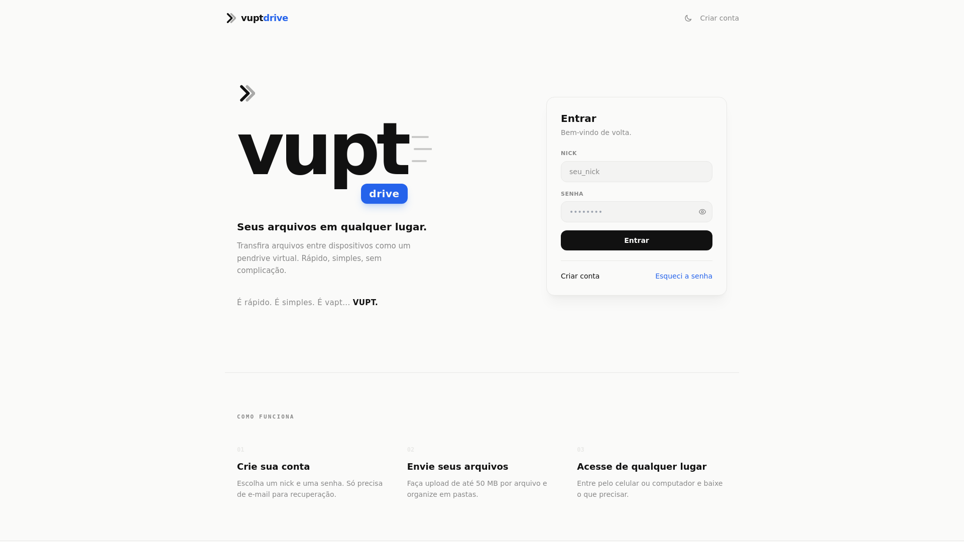 website screenshot of https://vuptdrive.com.br/