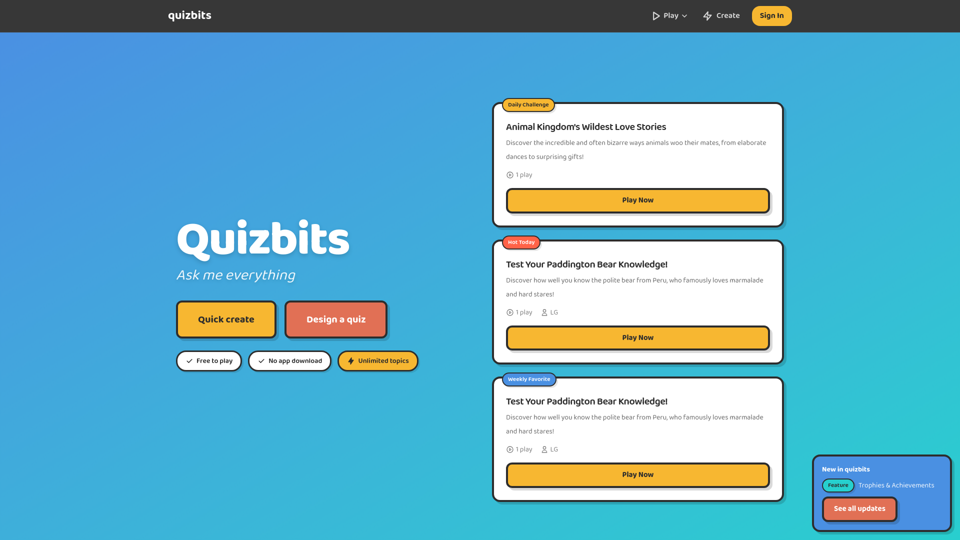 website screenshot of https://quizbits.game/