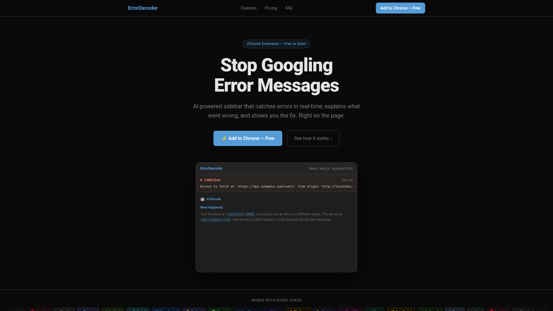 website screenshot of https://errordecoder.dev/