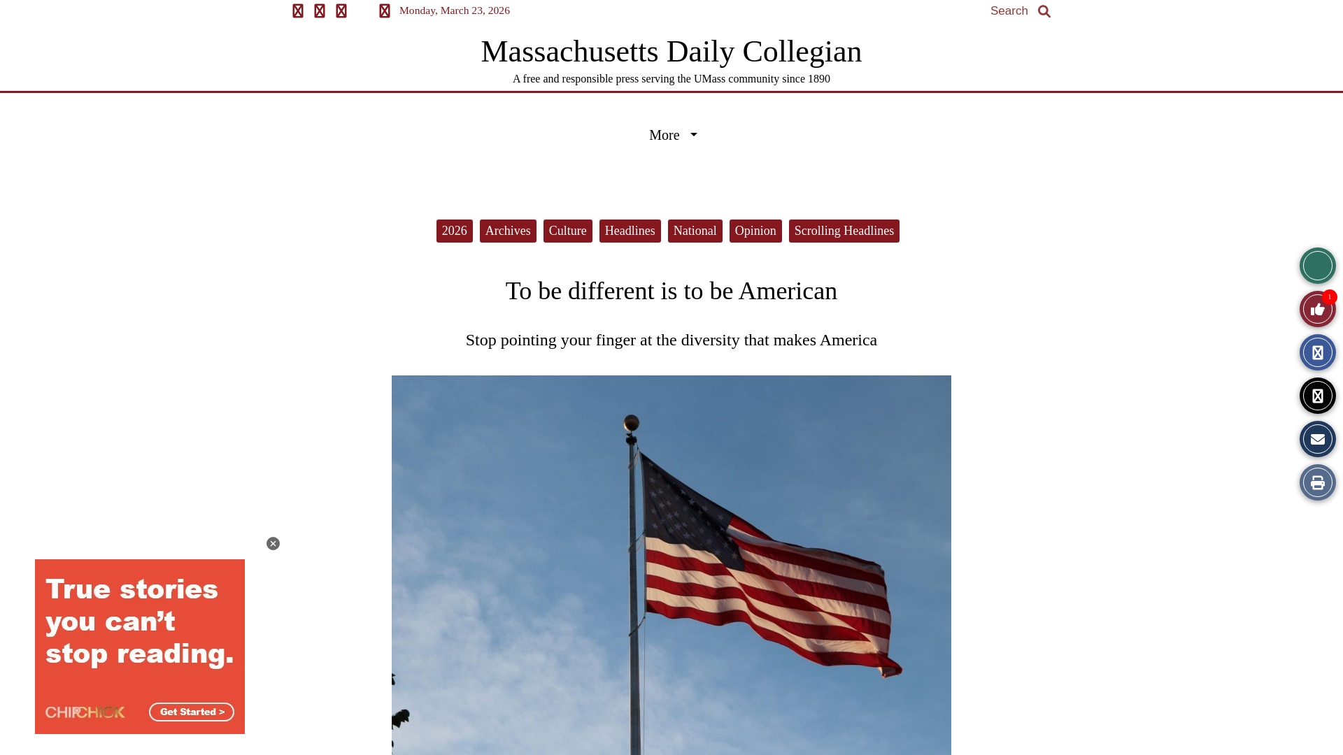 website screenshot of https://dailycollegian.com/2026/03/to-be-different-is-to-be-american/