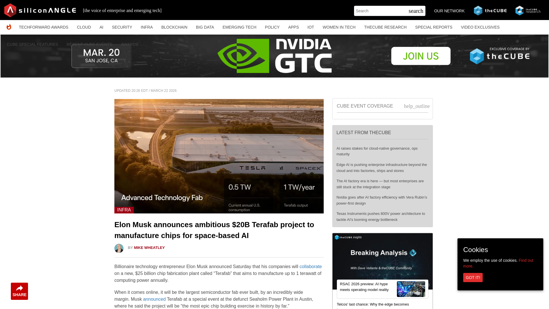 website screenshot of https://siliconangle.com/2026/03/22/elon-musk-announces-ambitious-20b-terafab-project-manufacture-chips-space-based-ai/