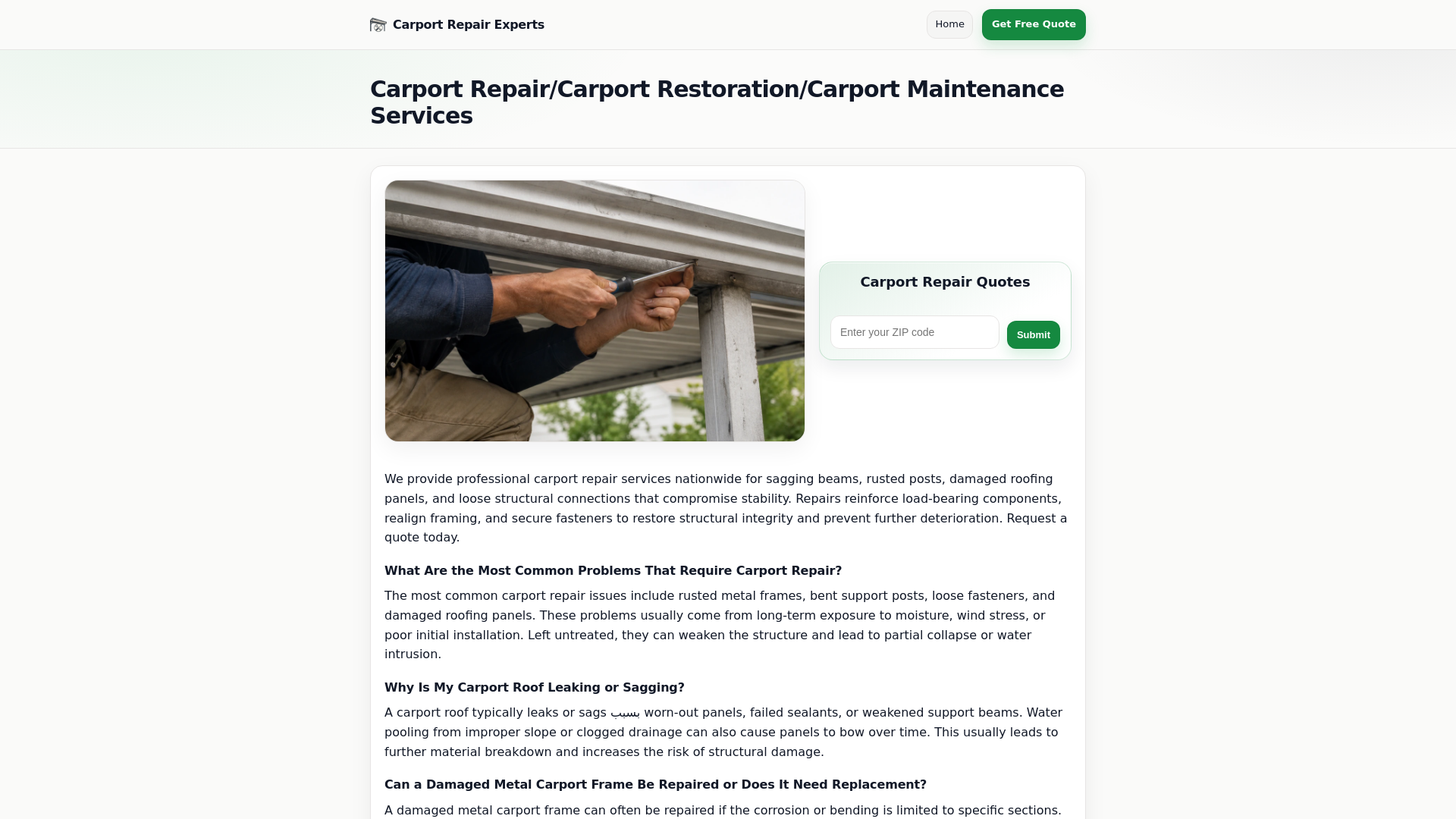 website screenshot of https://carportrepairexperts.com/