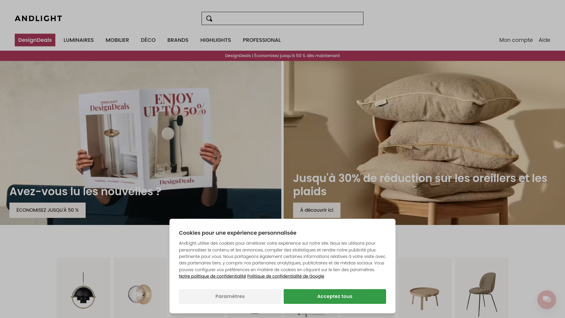 website screenshot of https://andlight.fr/shop/frontpage.html