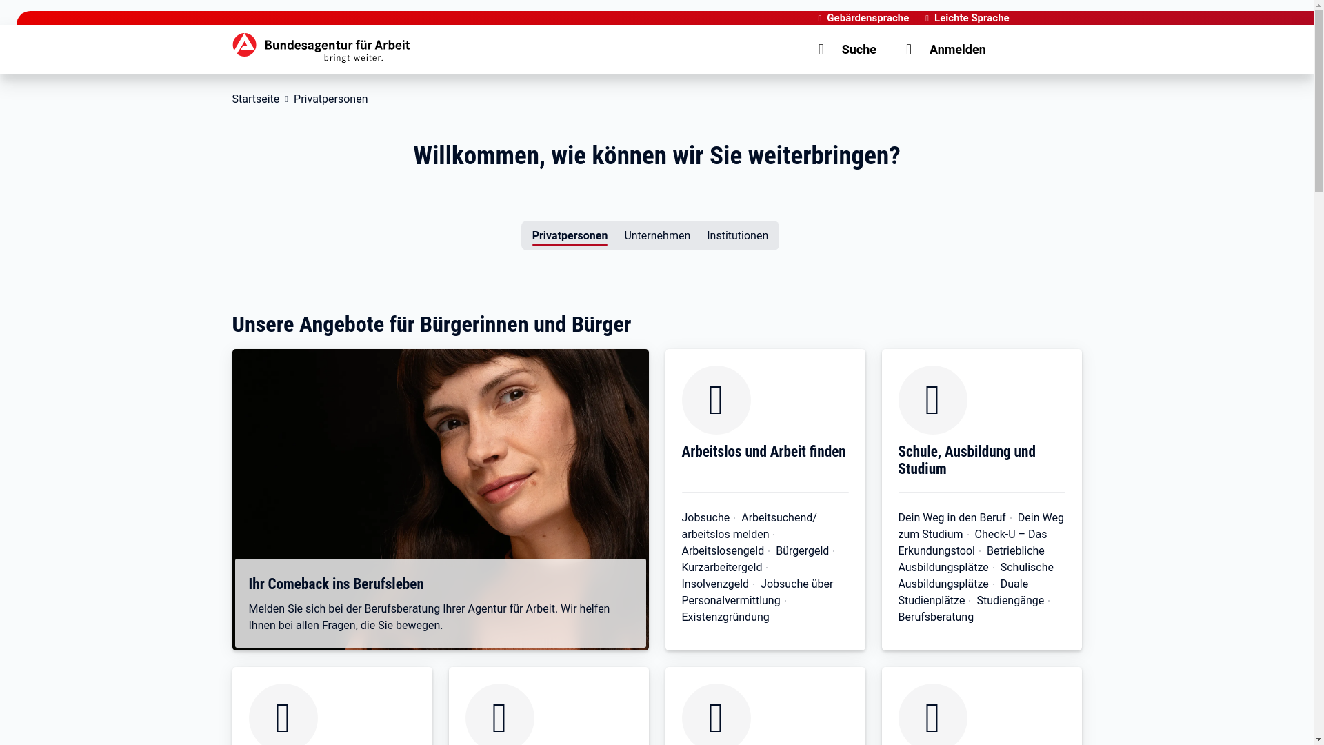 website screenshot of https://www.arbeitsagentur.de