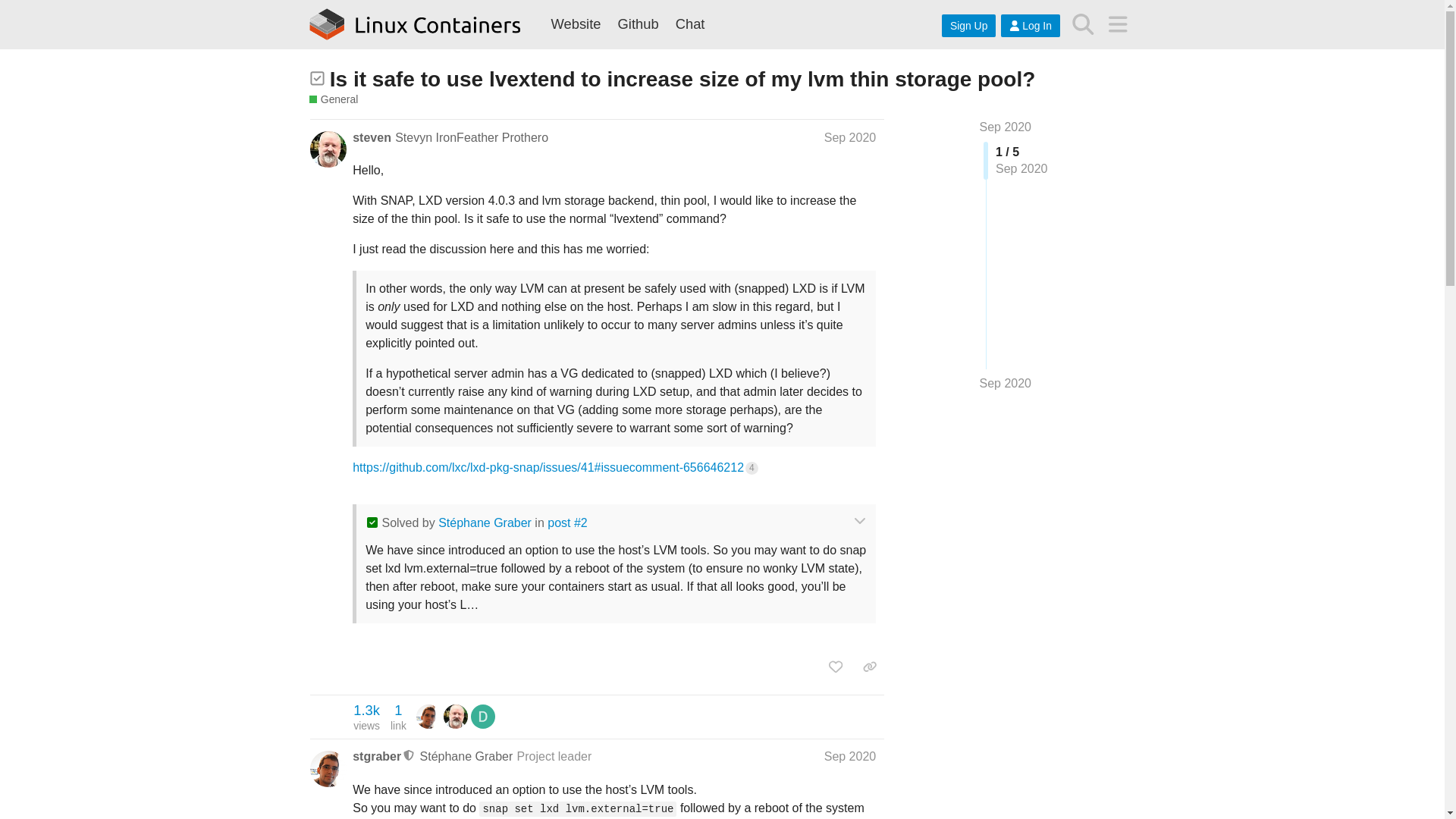 website screenshot of https://discuss.linuxcontainers.org/t/is-it-safe-to-use-lvextend-to-increase-size-of-my-lvm-thin-storage-pool/8898