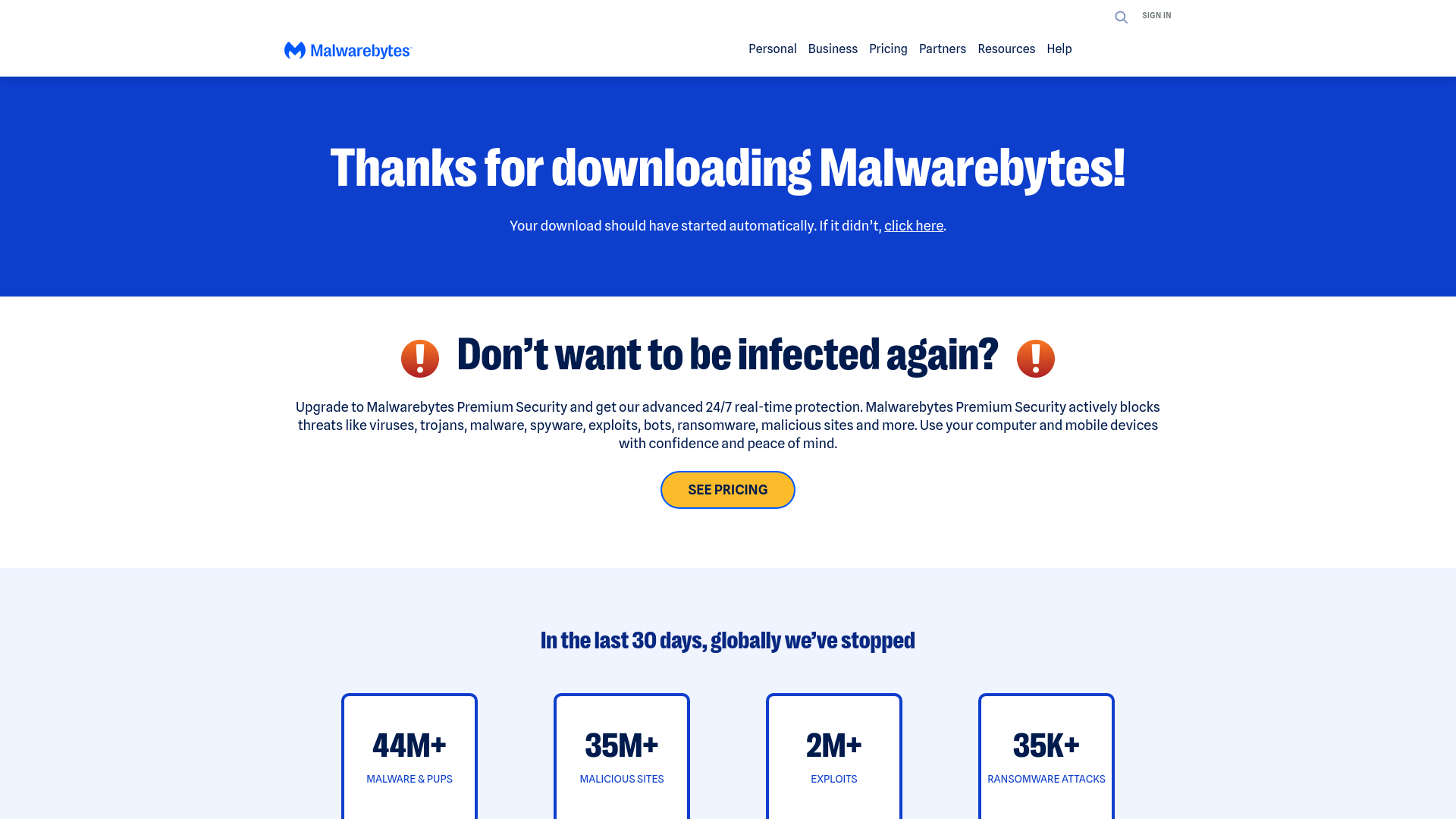 website screenshot of https://www.malwarebytes.com/mwb-download/thankyou