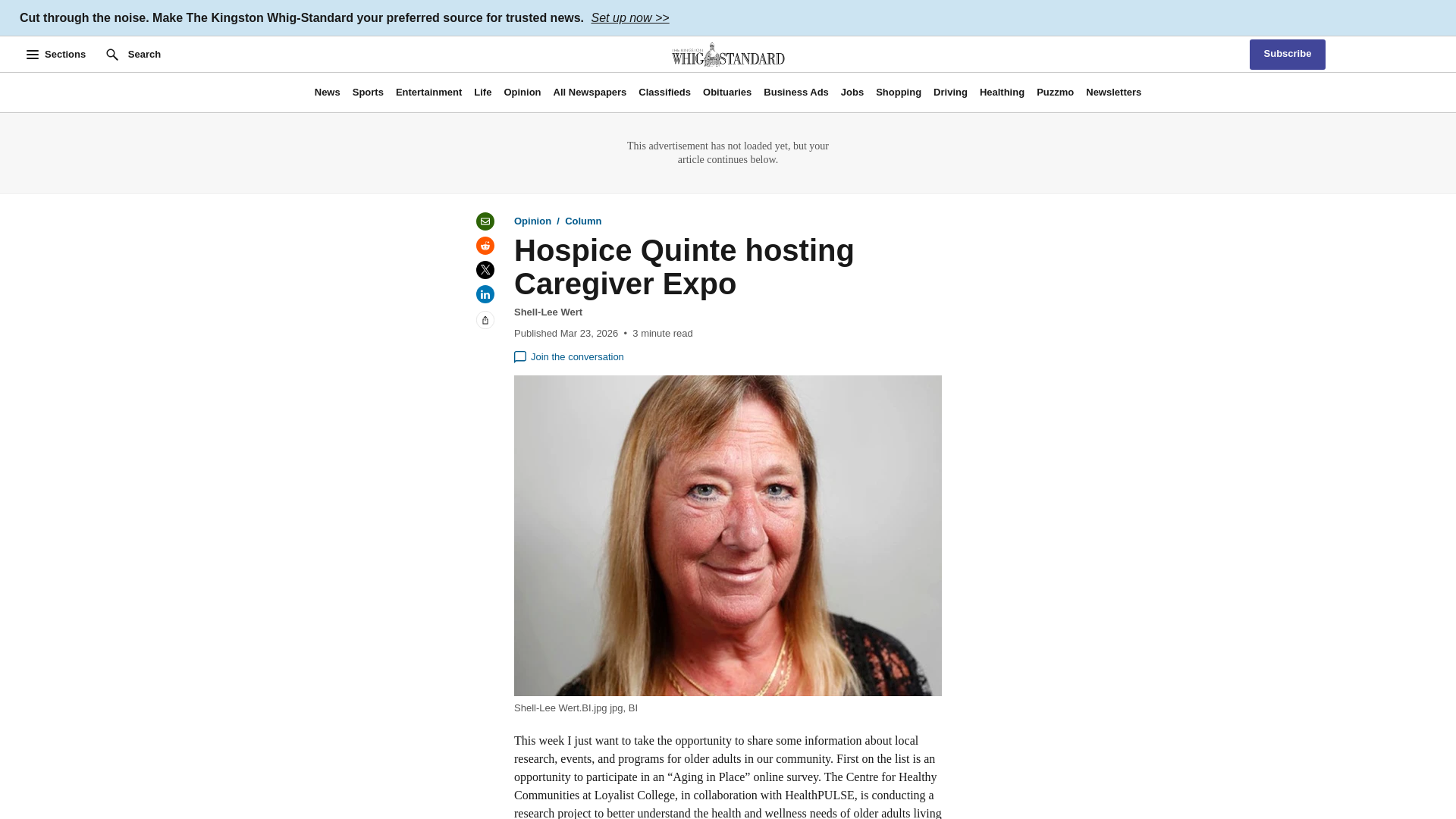 website screenshot of https://www.thewhig.com/opinion/columnists/hospice-quinte-hosting-caregiver-expo